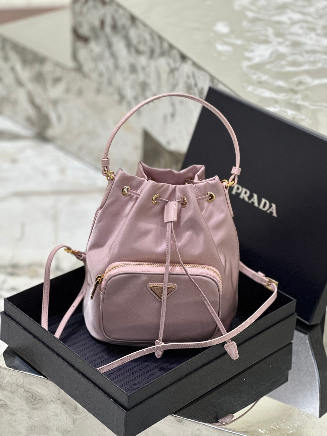 Prada Duet Bucket Shoulder Bag Light Pink/Beige For Women 8.6 in / 22.5 cm 1BH038_RV44_F0E18_V_OOO