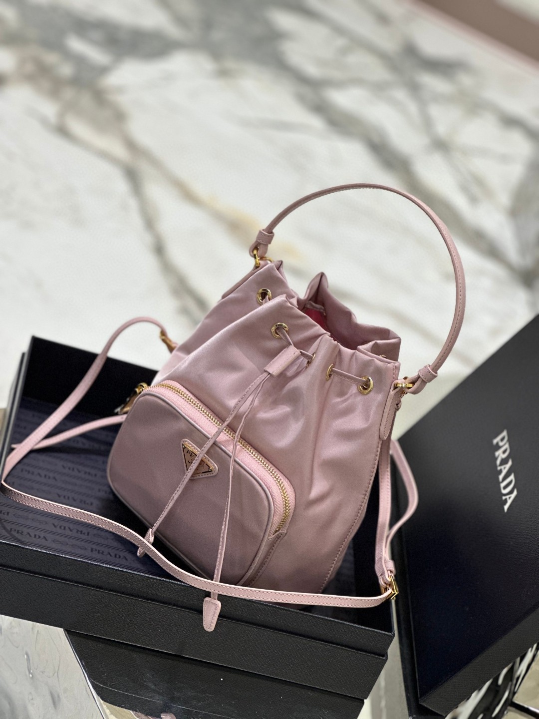 Prada Duet Bucket Shoulder Bag Light Pink/Beige For Women 8.6 in / 22.5 cm 1BH038_RV44_F0E18_V_OOO