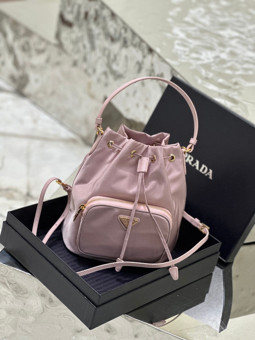 Prada Duet Bucket Shoulder Bag Light Pink/Beige For Women 8.6 in / 22.5 cm 1BH038_RV44_F0E18_V_OOO