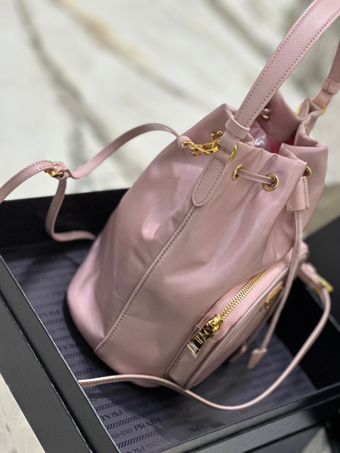Prada Duet Bucket Shoulder Bag Light Pink/Beige For Women 8.6 in / 22.5 cm 1BH038_RV44_F0E18_V_OOO