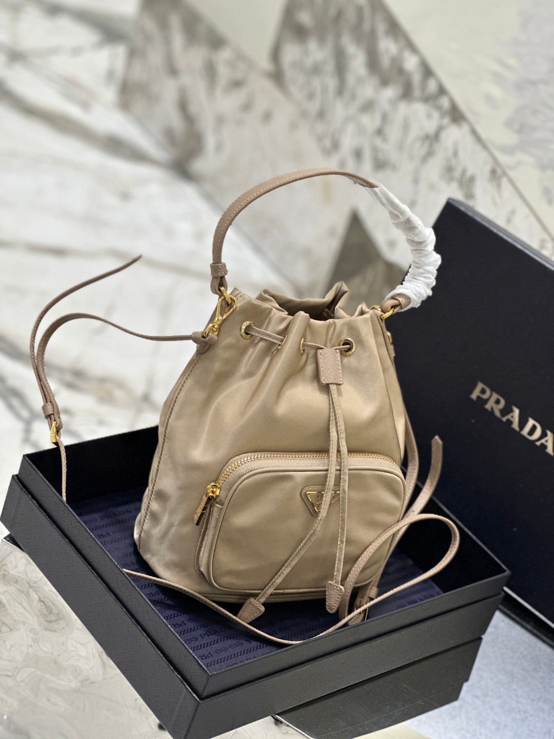 Prada Duet Bucket Shoulder Bag Light Pink/Beige For Women 8.6 in / 22.5 cm 1BH038_RV44_F0E18_V_OOO