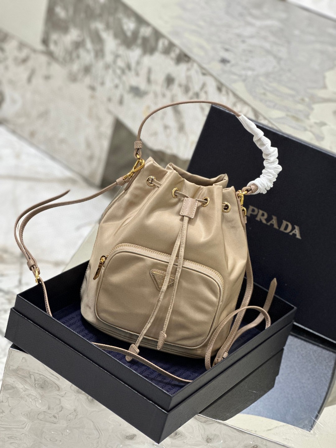 Prada Duet Bucket Shoulder Bag Light Pink/Beige For Women 8.6 in / 22.5 cm 1BH038_RV44_F0E18_V_OOO