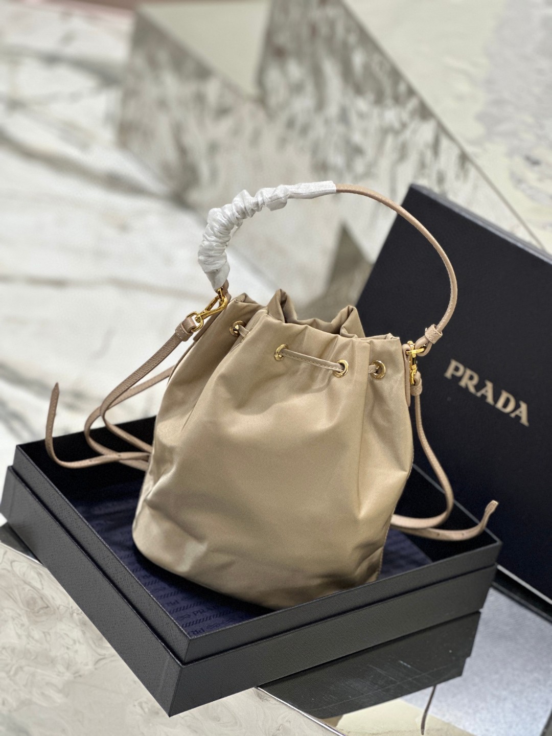 Prada Duet Bucket Shoulder Bag Light Pink/Beige For Women 8.6 in / 22.5 cm 1BH038_RV44_F0E18_V_OOO