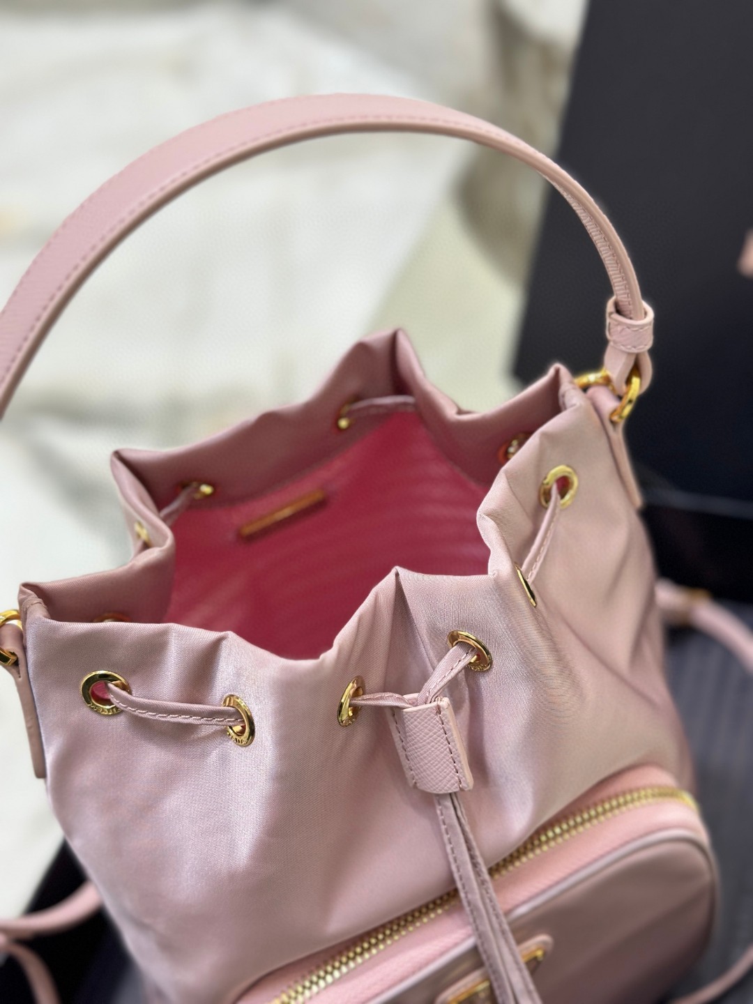 Prada Duet Bucket Shoulder Bag Light Pink/Beige For Women 8.6 in / 22.5 cm 1BH038_RV44_F0E18_V_OOO