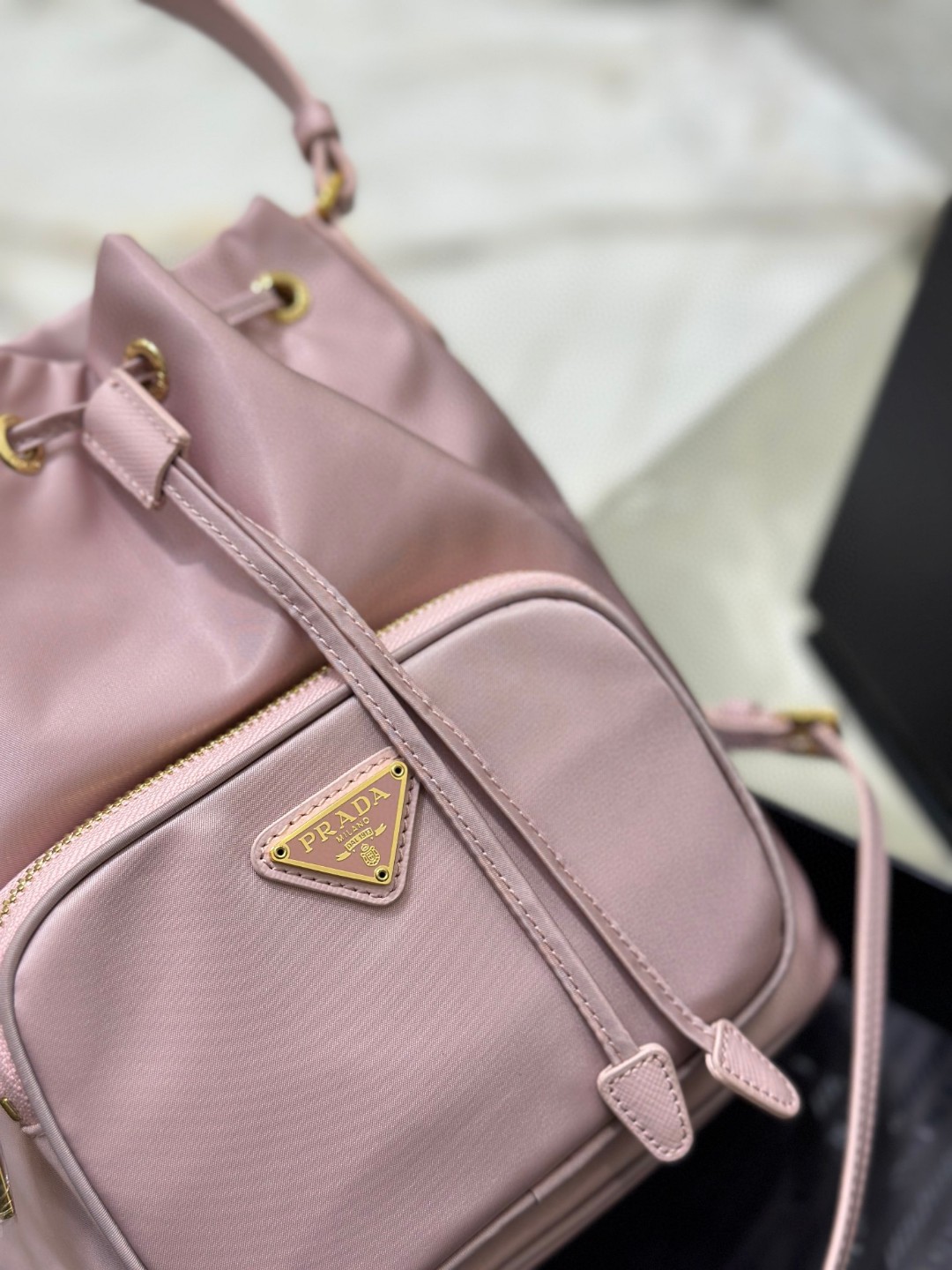 Prada Duet Bucket Shoulder Bag Light Pink/Beige For Women 8.6 in / 22.5 cm 1BH038_RV44_F0E18_V_OOO