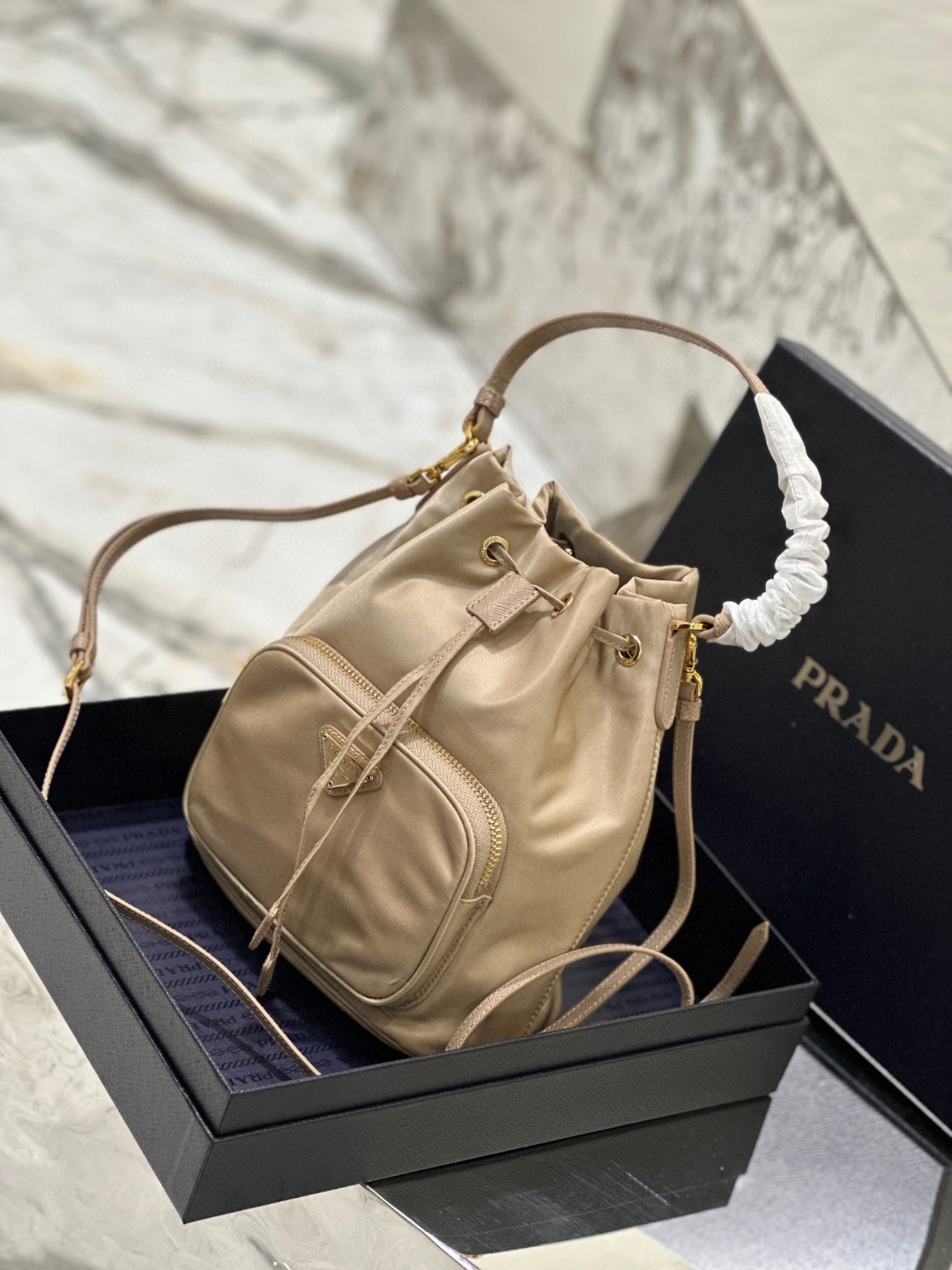 Prada Duet Bucket Shoulder Bag Light Pink/Beige For Women 8.6 in / 22.5 cm 1BH038_RV44_F0E18_V_OOO