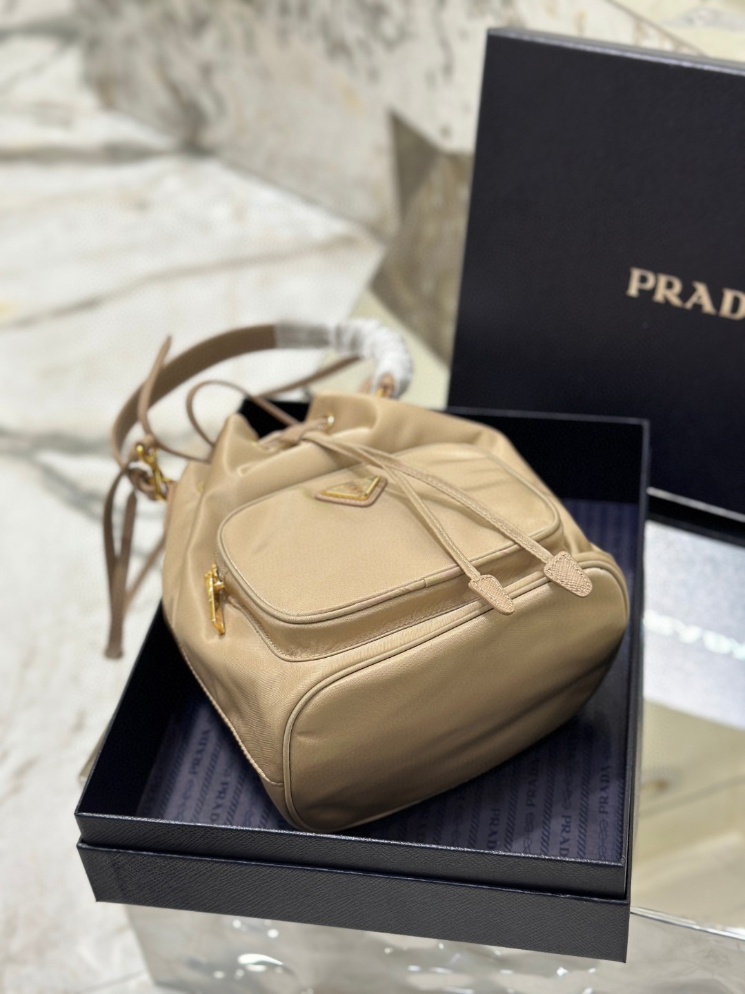 Prada Duet Bucket Shoulder Bag Light Pink/Beige For Women 8.6 in / 22.5 cm 1BH038_RV44_F0E18_V_OOO