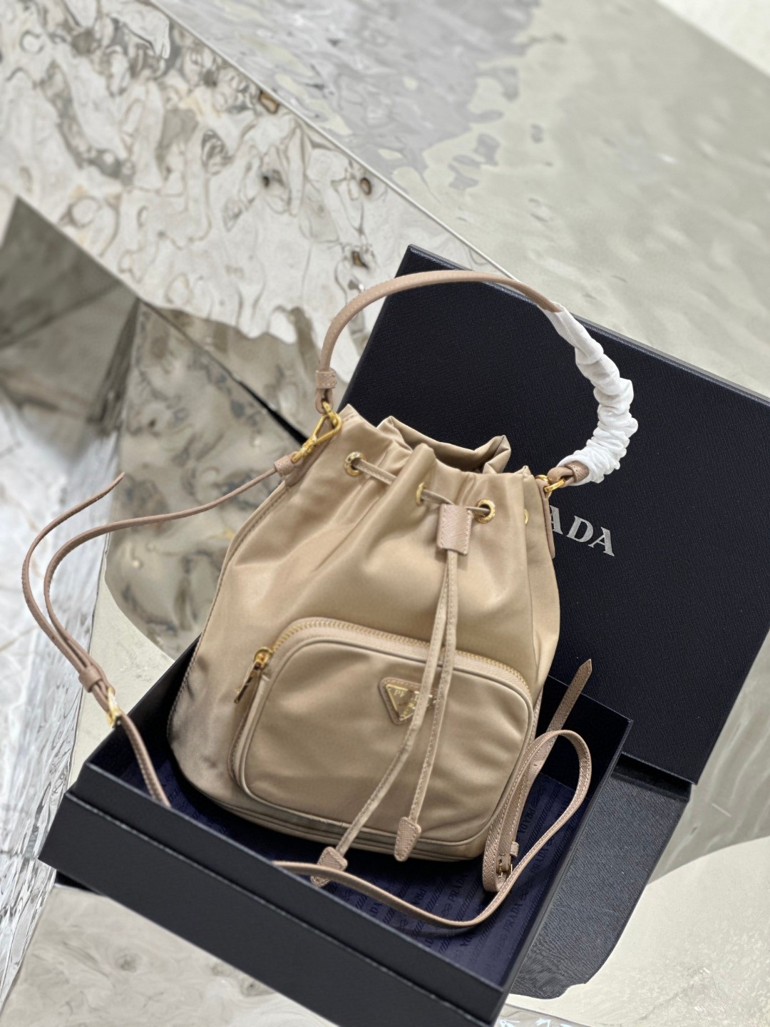 Prada Duet Bucket Shoulder Bag Light Pink/Beige For Women 8.6 in / 22.5 cm 1BH038_RV44_F0E18_V_OOO