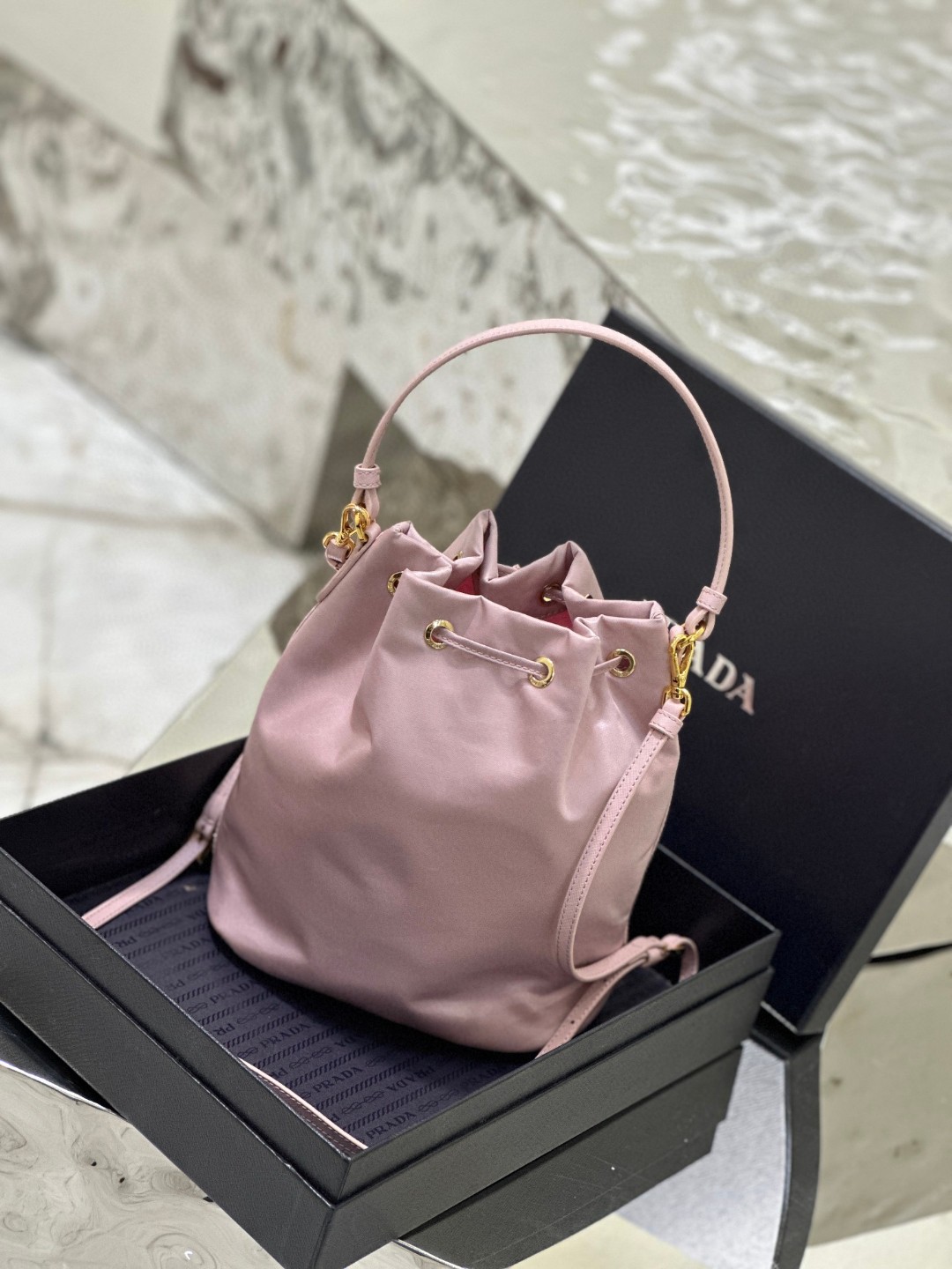 Prada Duet Bucket Shoulder Bag Light Pink/Beige For Women 8.6 in / 22.5 cm 1BH038_RV44_F0E18_V_OOO