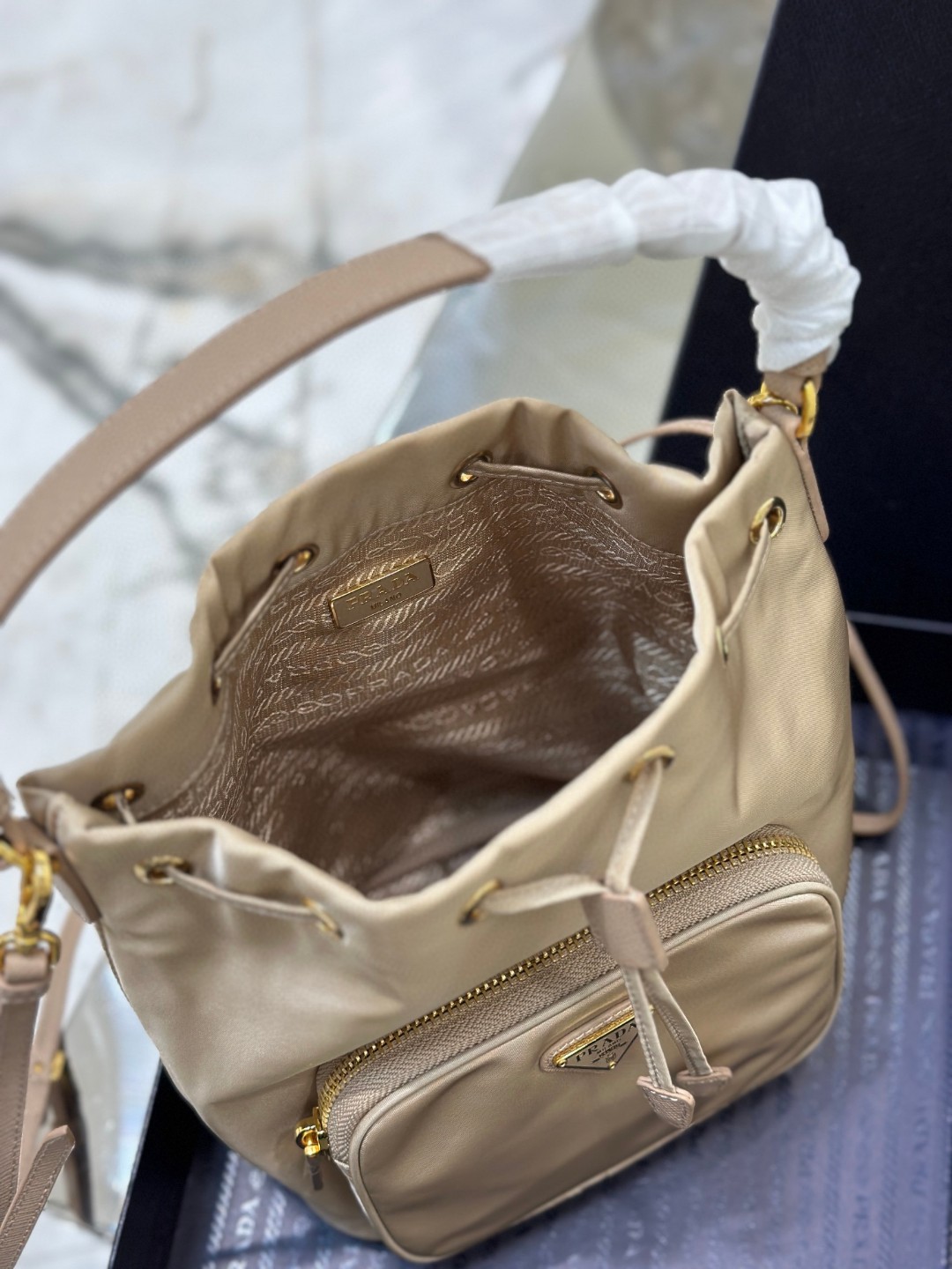 Prada Duet Bucket Shoulder Bag Light Pink/Beige For Women 8.6 in / 22.5 cm 1BH038_RV44_F0E18_V_OOO