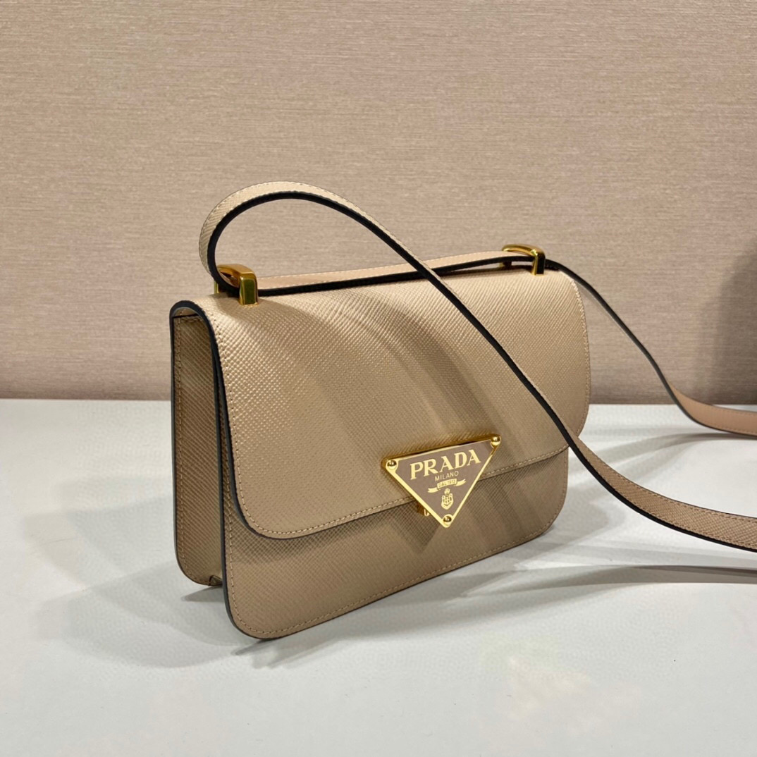 Prada Emblème Saffiano Shoulder Bag In Beige/ White For Women 8.6 in/22cm 1BD320_2A4A_F0036_V_UTO
