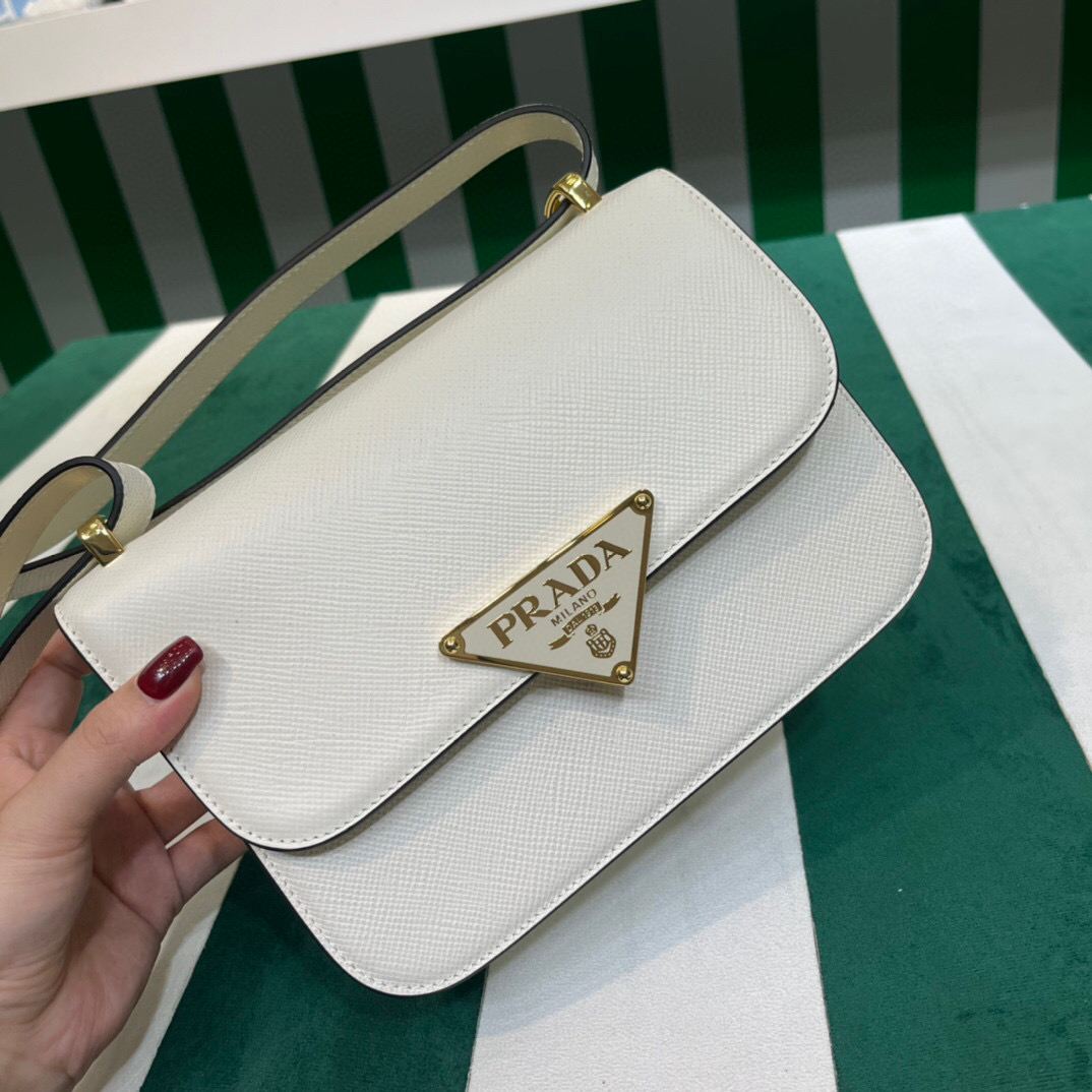 Prada Emblème Saffiano Shoulder Bag In Beige/ White For Women 8.6 in/22cm 1BD320_2A4A_F0036_V_UTO