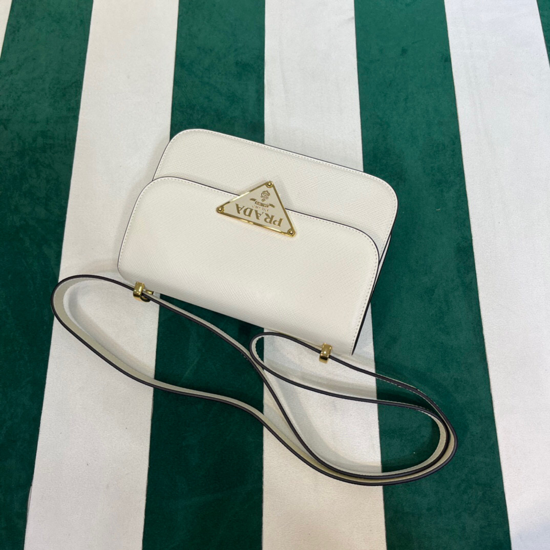 Prada Emblème Saffiano Shoulder Bag In Beige/ White For Women 8.6 in/22cm 1BD320_2A4A_F0036_V_UTO