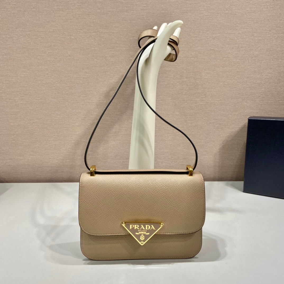 Prada Emblème Saffiano Shoulder Bag In Beige/ White For Women 8.6 in/22cm 1BD320_2A4A_F0036_V_UTO