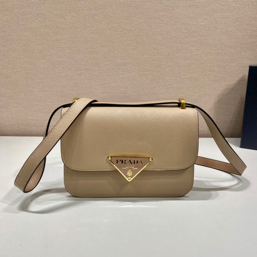 Prada Emblème Saffiano Shoulder Bag In Beige/ White For Women 8.6 in/22cm 1BD320_2A4A_F0036_V_UTO
