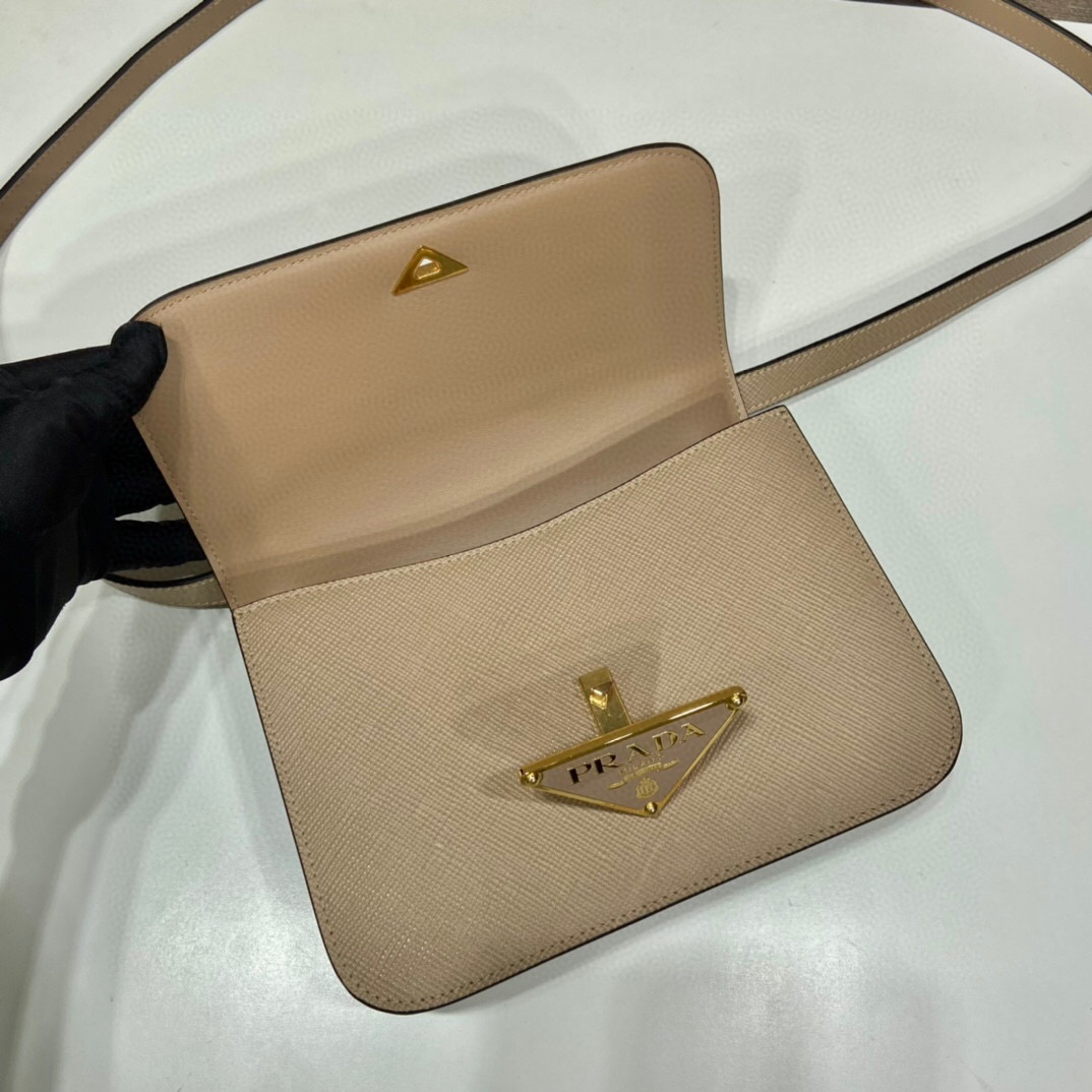 Prada Emblème Saffiano Shoulder Bag In Beige/ White For Women 8.6 in/22cm 1BD320_2A4A_F0036_V_UTO