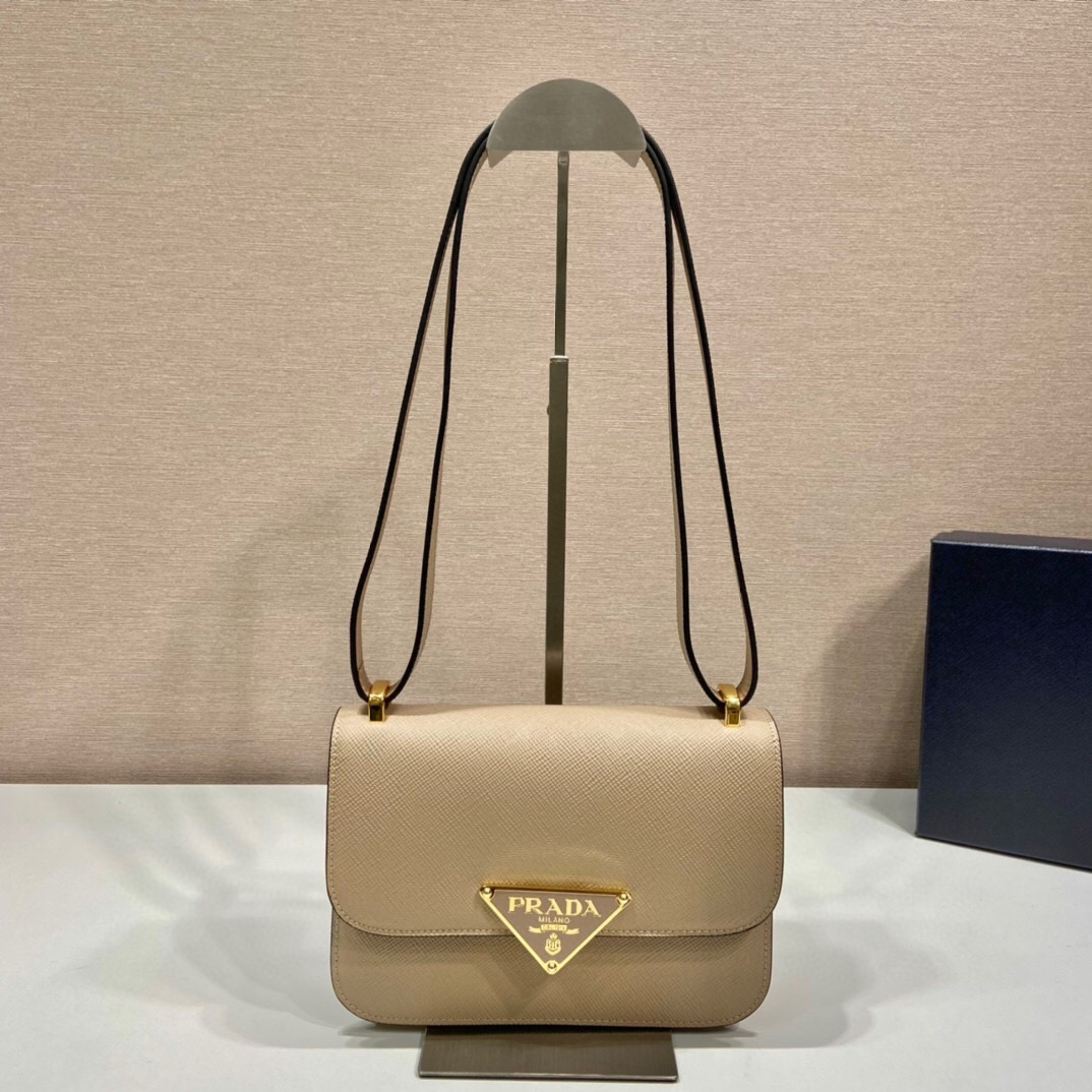 Prada Emblème Saffiano Shoulder Bag In Beige/ White For Women 8.6 in/22cm 1BD320_2A4A_F0036_V_UTO