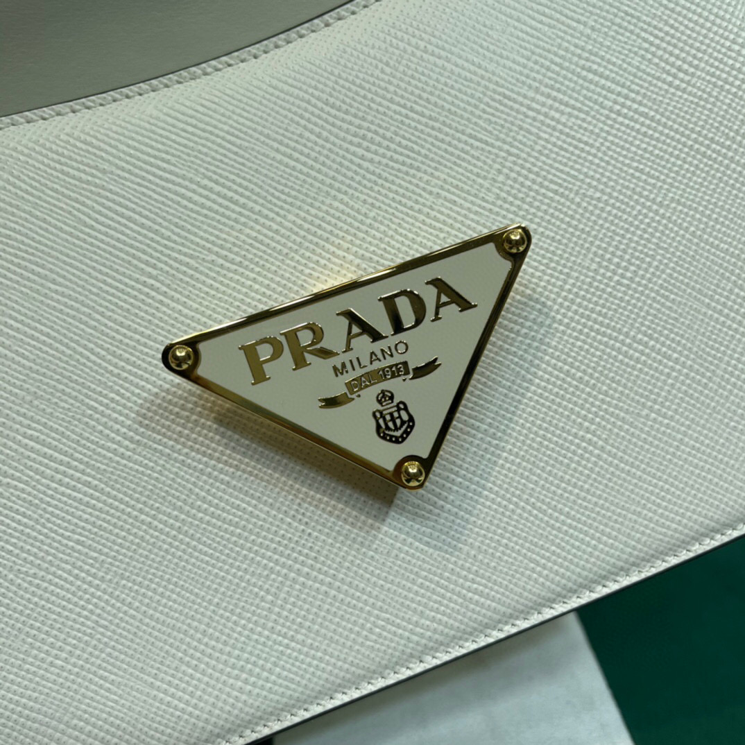 Prada Emblème Saffiano Shoulder Bag In Beige/ White For Women 8.6 in/22cm 1BD320_2A4A_F0036_V_UTO