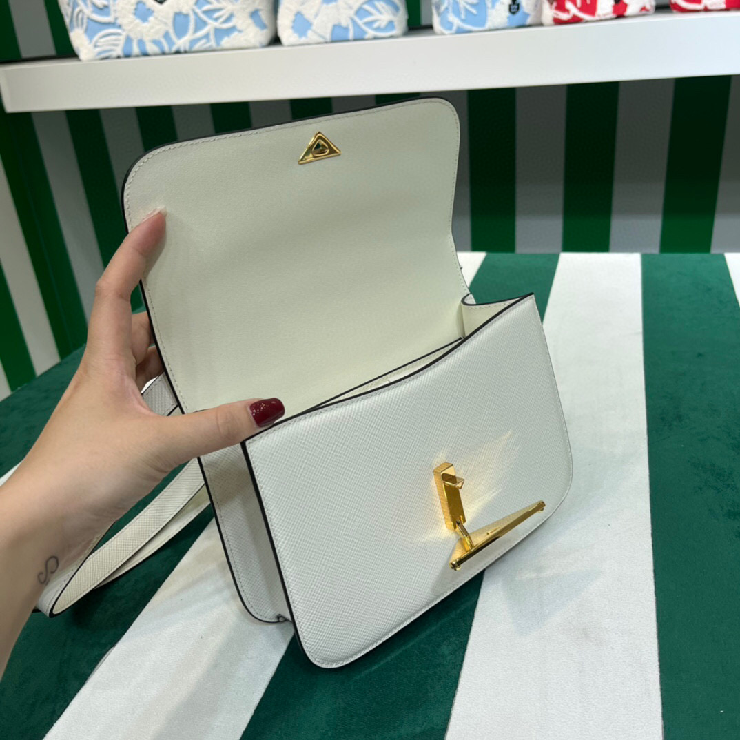 Prada Emblème Saffiano Shoulder Bag In Beige/ White For Women 8.6 in/22cm 1BD320_2A4A_F0036_V_UTO