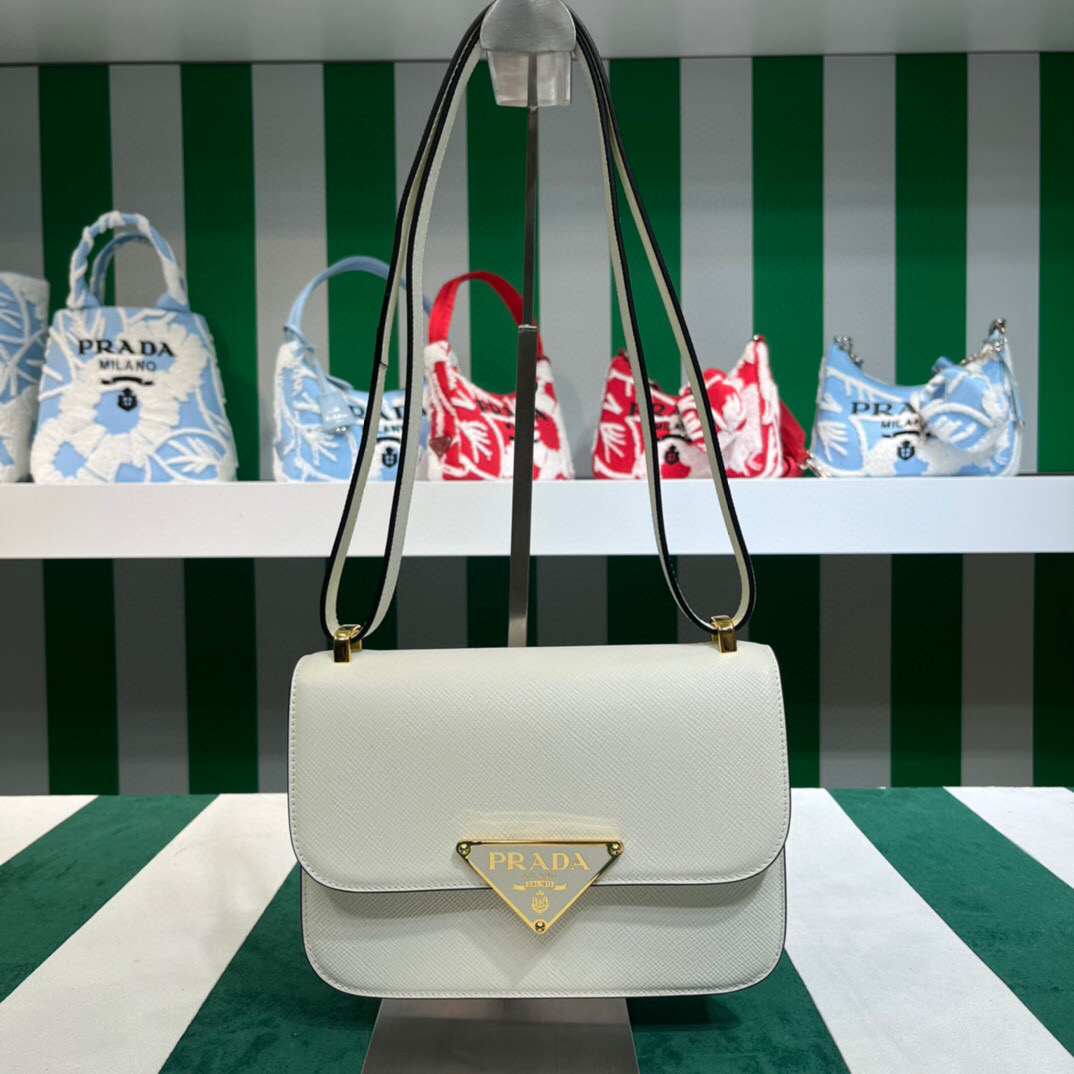Prada Emblème Saffiano Shoulder Bag In Beige/ White For Women 8.6 in/22cm 1BD320_2A4A_F0036_V_UTO