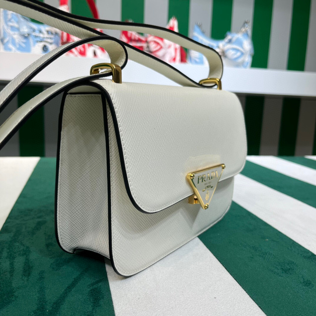 Prada Emblème Saffiano Shoulder Bag In Beige/ White For Women 8.6 in/22cm 1BD320_2A4A_F0036_V_UTO