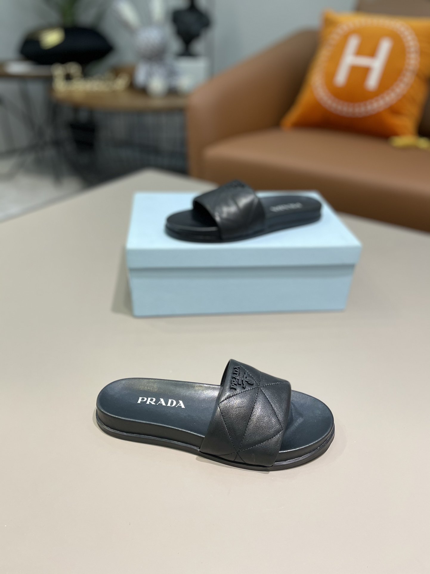 Prada Embossed Logo Quilted Slides Black For Women PRD
