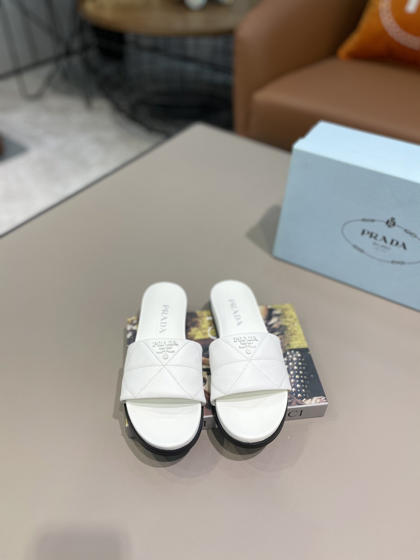 Prada Embossed Logo Quilted Slides White For Women PRD