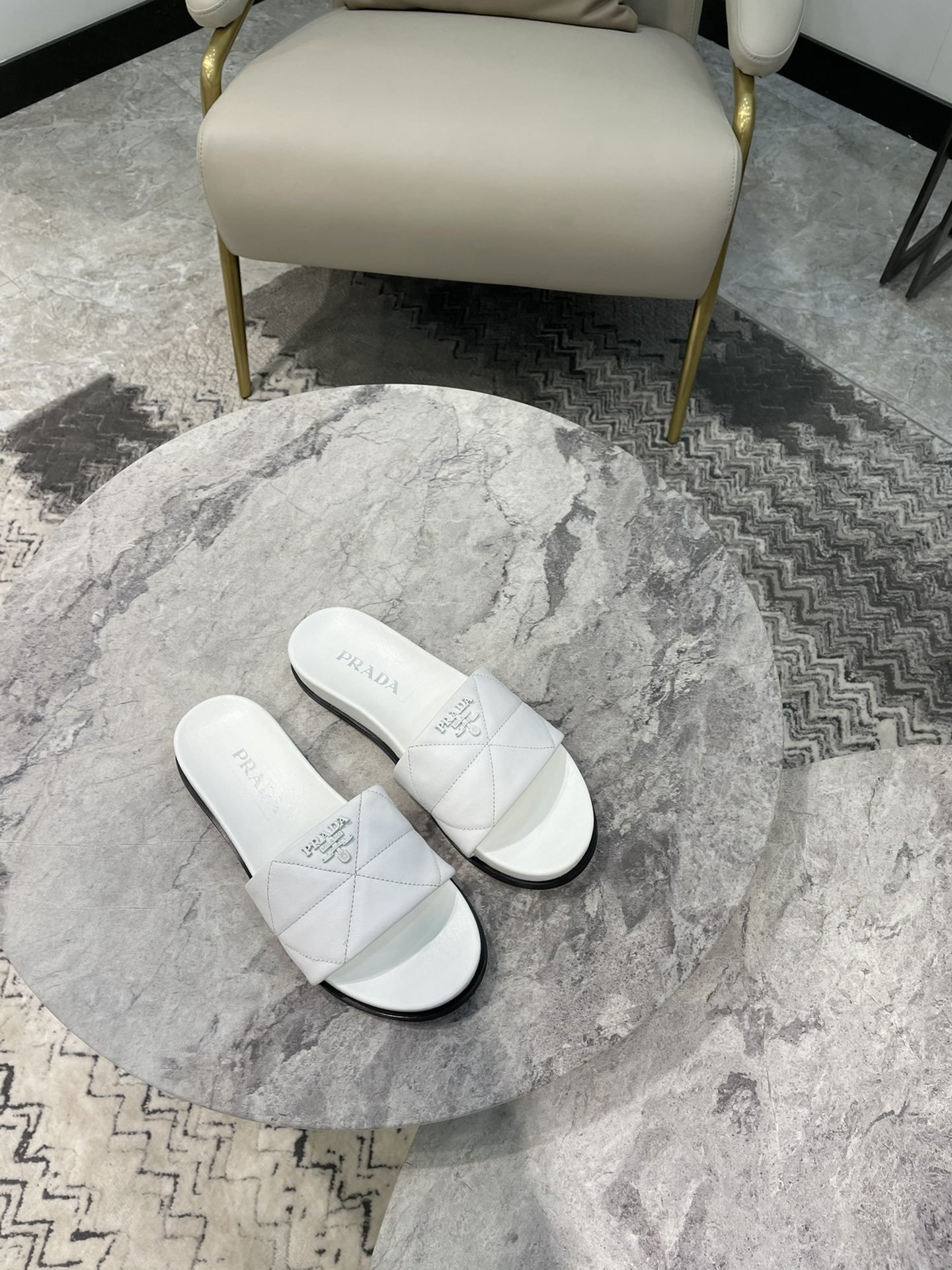 Prada Embossed Logo Quilted Slides White For Women PRD