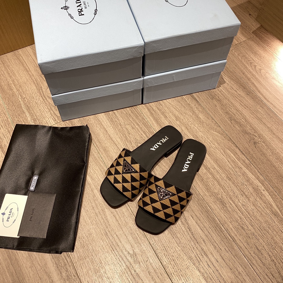 Prada Embroidered Fabric Slides Black/Beige For Women 0.4in/10mm PRD 1XX637_3LK6_F0Y30_F_010