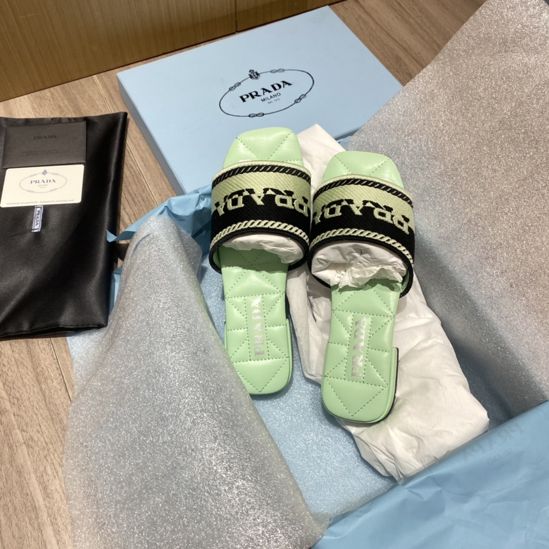 Prada Embroidered Fabric Slides Black/Green For Women 0.4in/10mm PRD