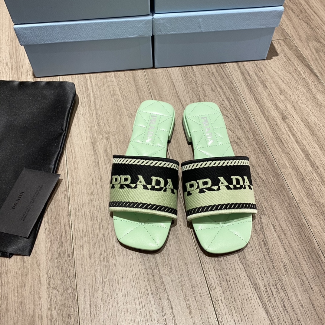Prada Embroidered Fabric Slides Black/Green For Women 0.4in/10mm PRD