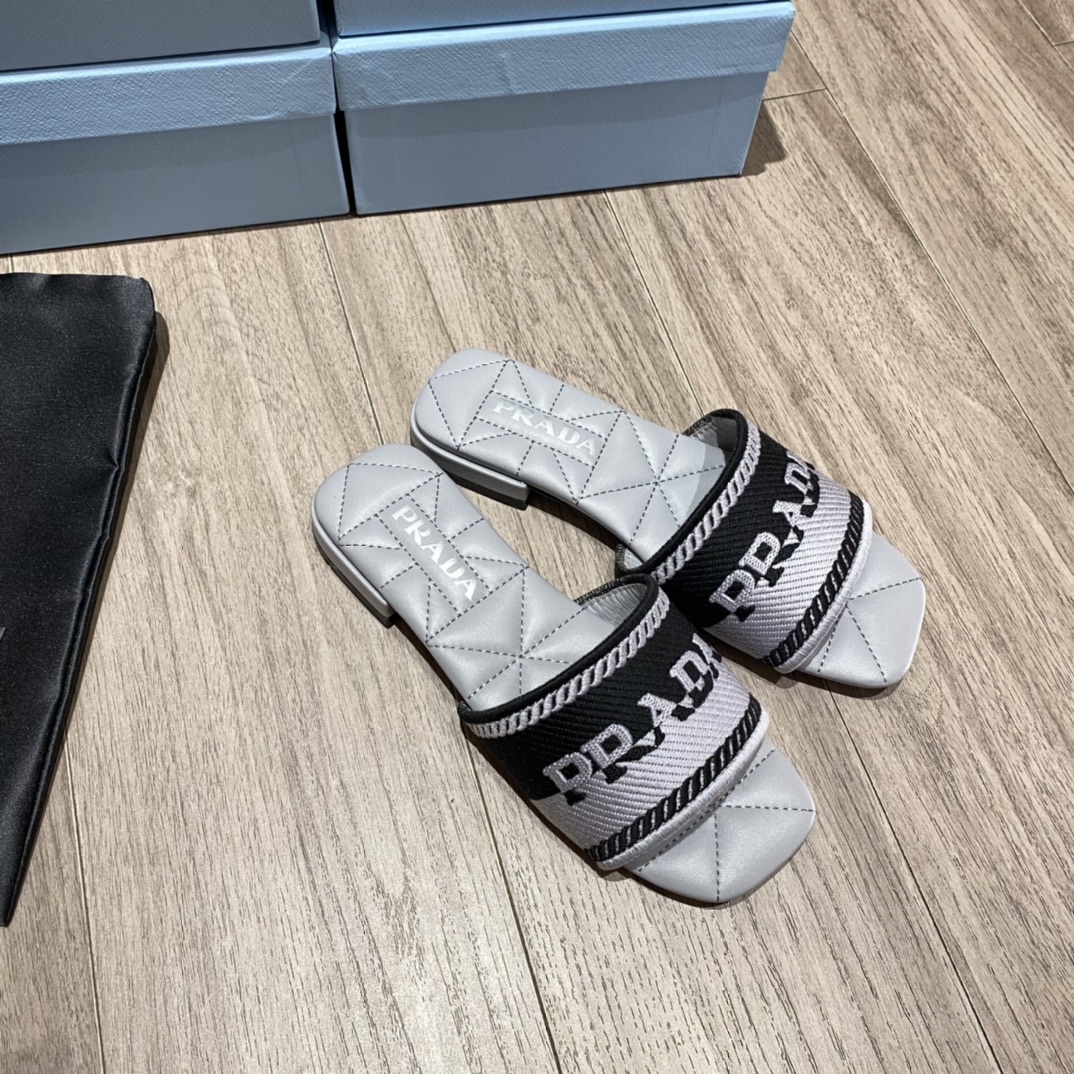 Prada Embroidered Fabric Slides Black/Grey For Women 0.4in/10mm PRD 1XX612_3LKB_F0EHZ_F_B010