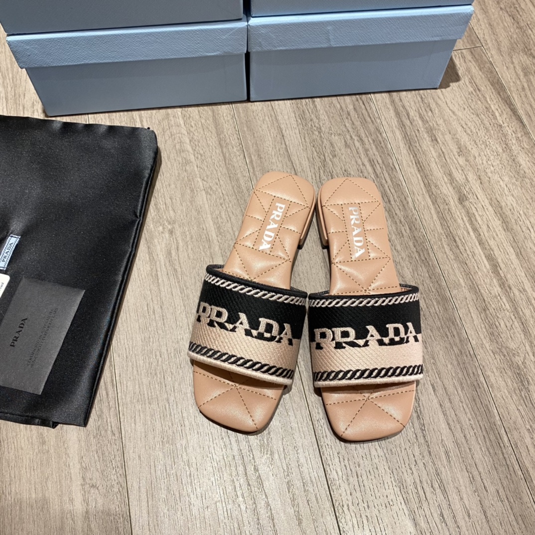 Prada Embroidered Fabric Slides Black/Orange For Women 0.4in/10mm PRD