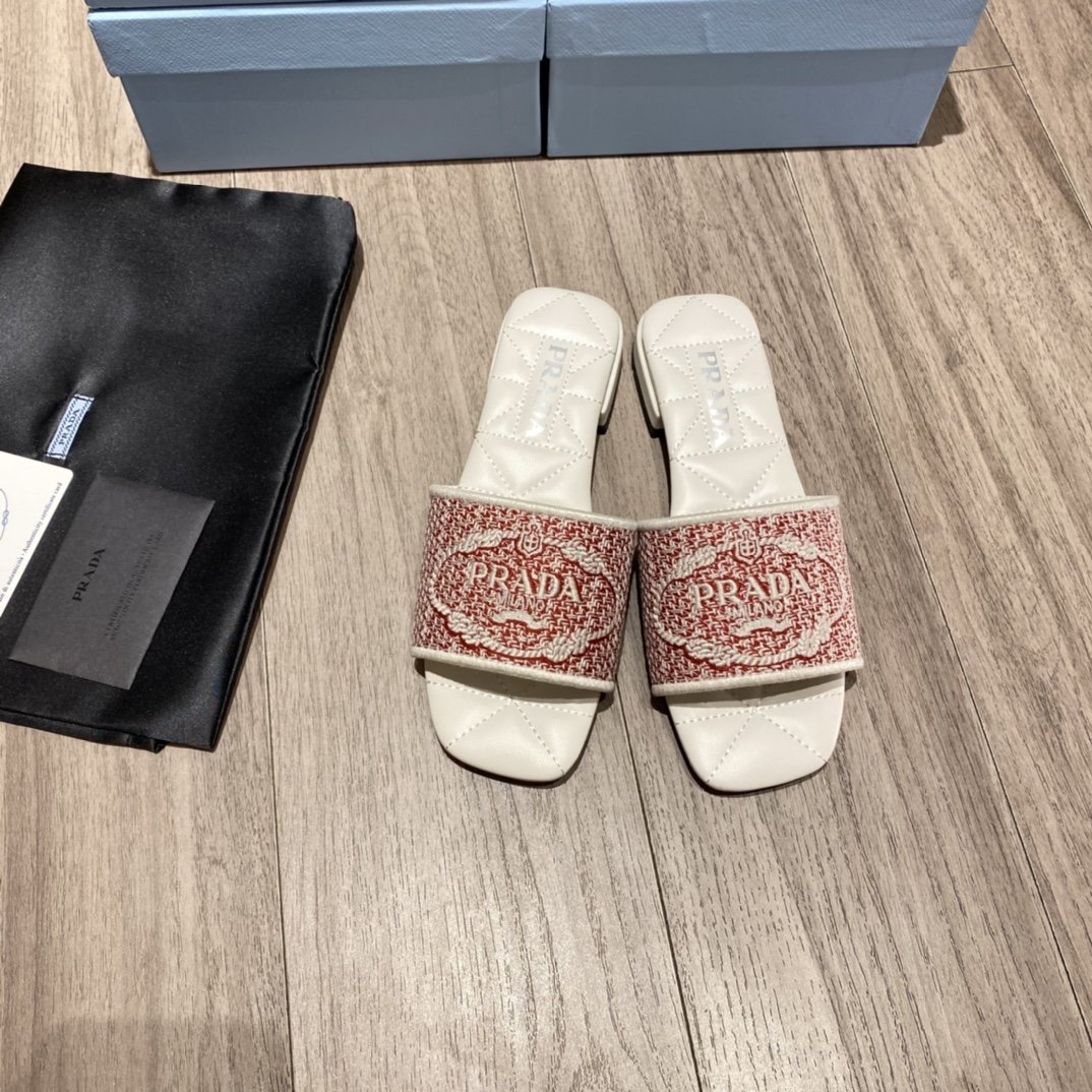 Prada Embroidered Fabric Slides Red For Women 0.4in/10mm PRD