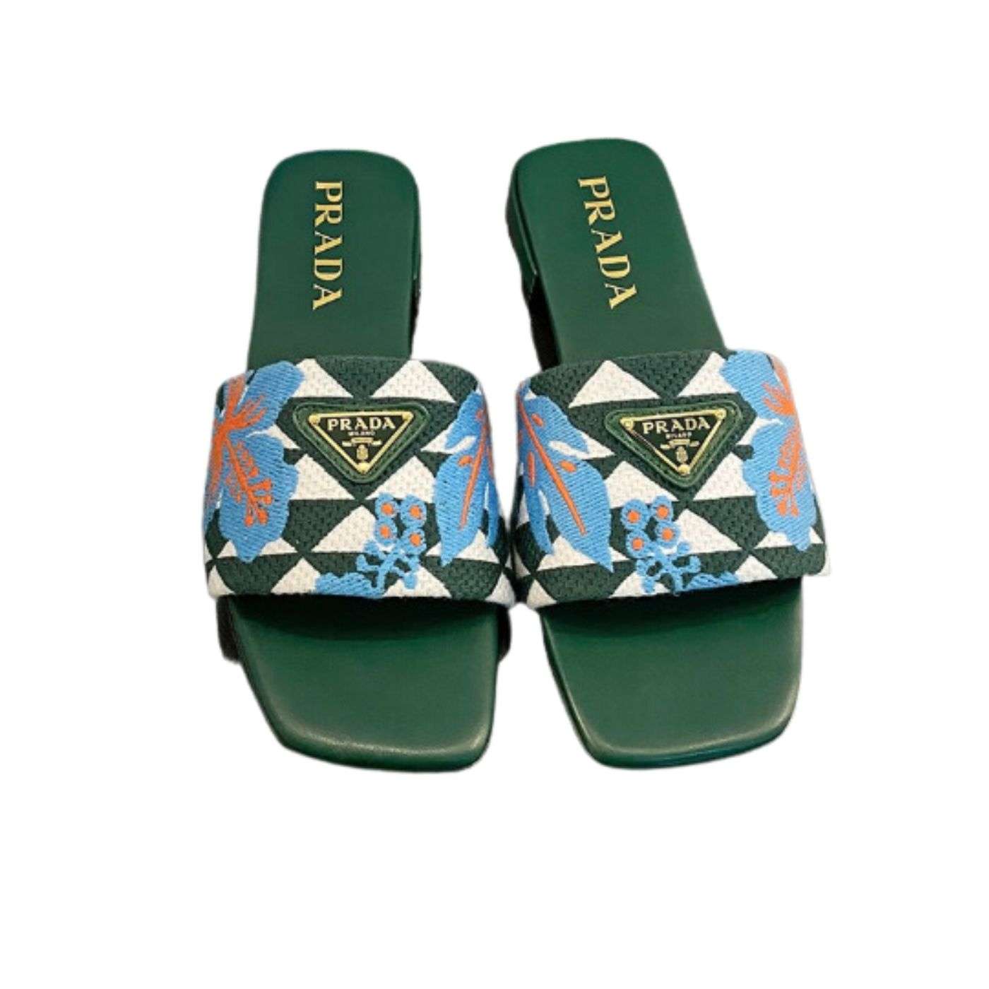Prada Embroidery Triangle Slippers Green For Women