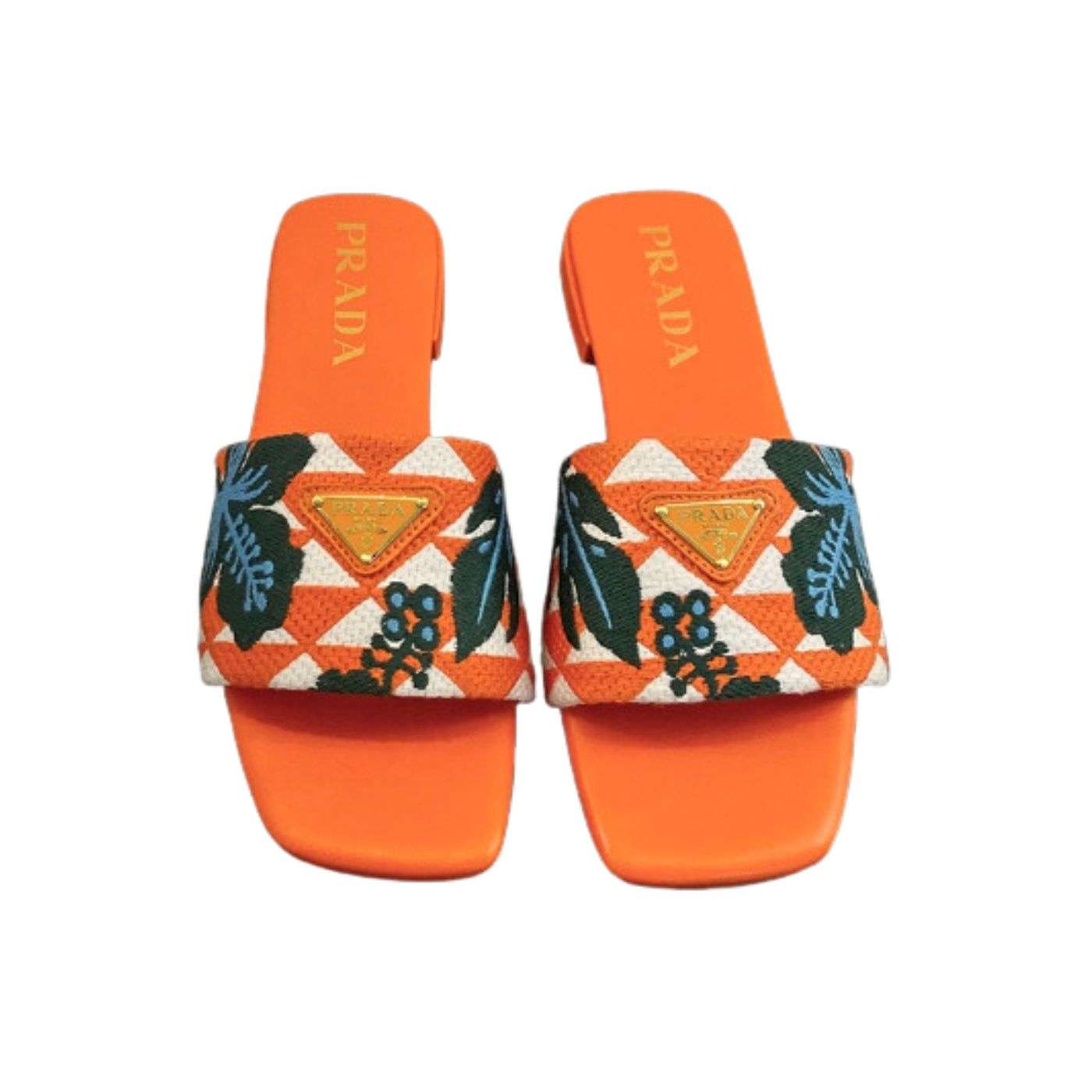 Prada Embroidery Triangle Slippers Orange For Women