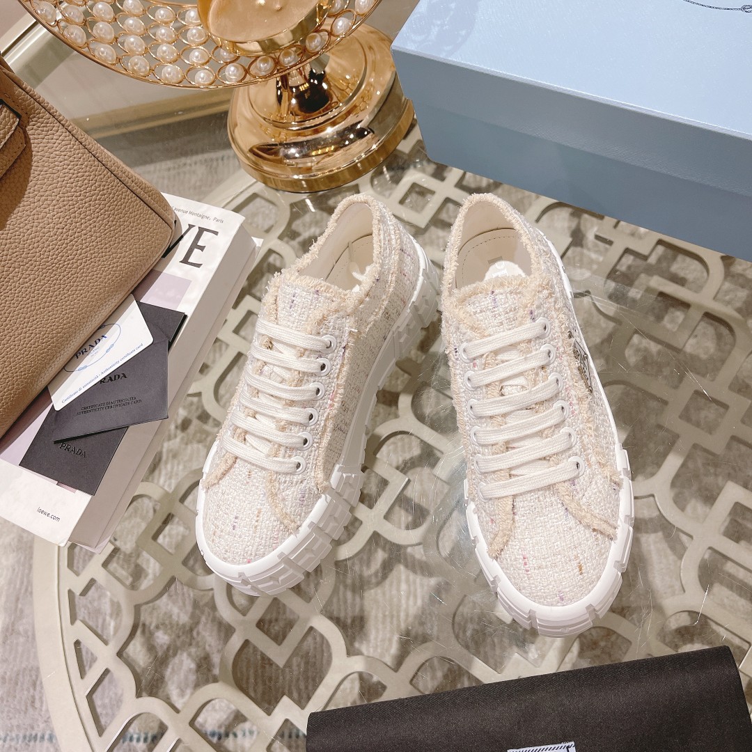 Prada Gabardine Canva Double Wheel Sneakers Beige For Women 2in/50mm PRD