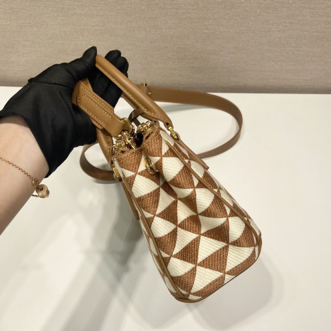 Prada Galleria Embroidered Jacquard Fabric Micro-Bag Brown/White For Women, Women’s Bags 7.9in/20cm 1BA906_2FKL_F0I0U_V_XOM