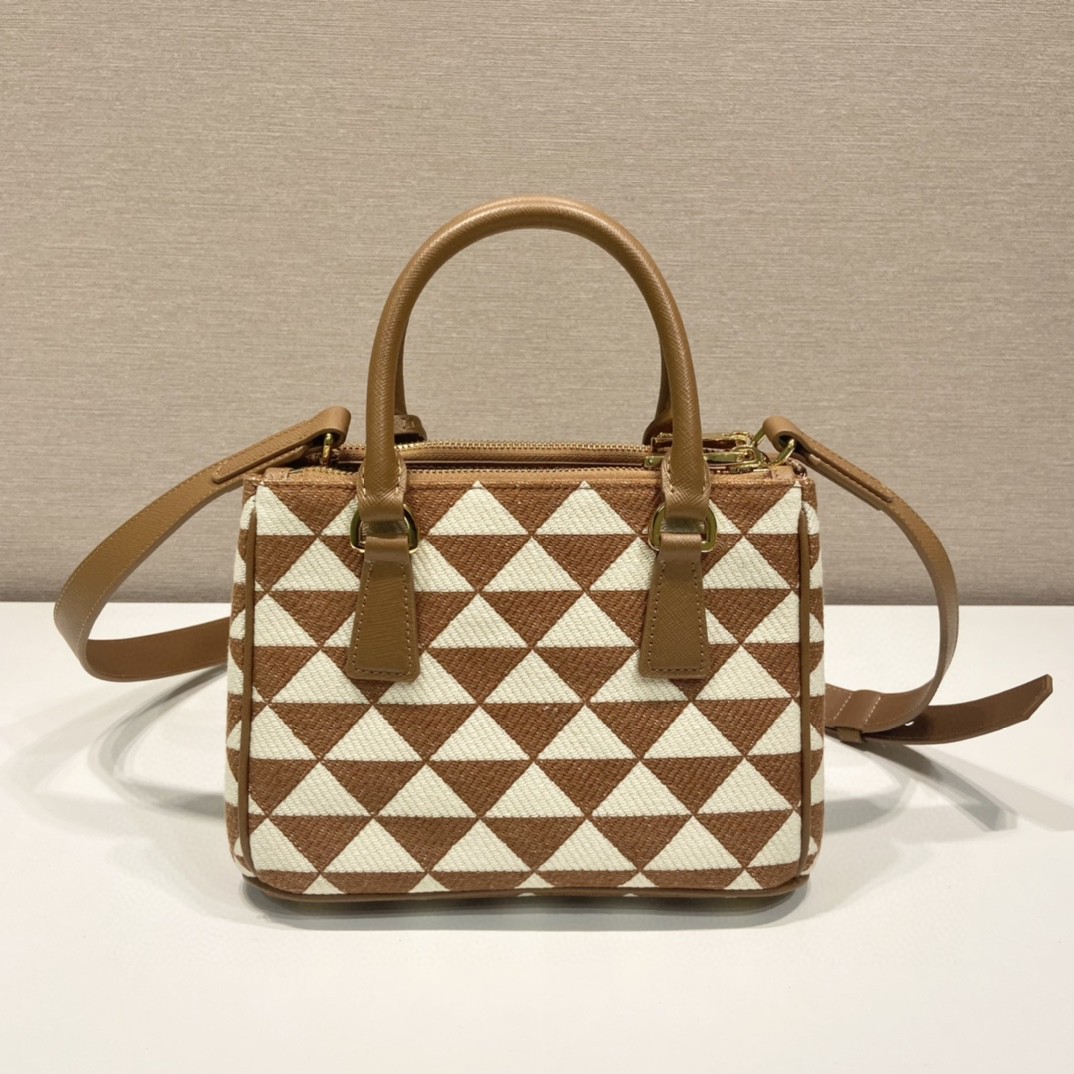 Prada Galleria Embroidered Jacquard Fabric Micro-Bag Brown/White For Women, Women’s Bags 7.9in/20cm 1BA906_2FKL_F0I0U_V_XOM