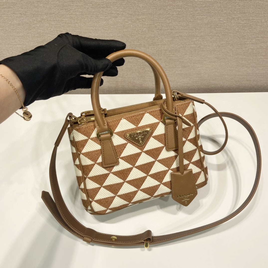 Prada Galleria Embroidered Jacquard Fabric Micro-Bag Brown/White For Women, Women’s Bags 7.9in/20cm 1BA906_2FKL_F0I0U_V_XOM