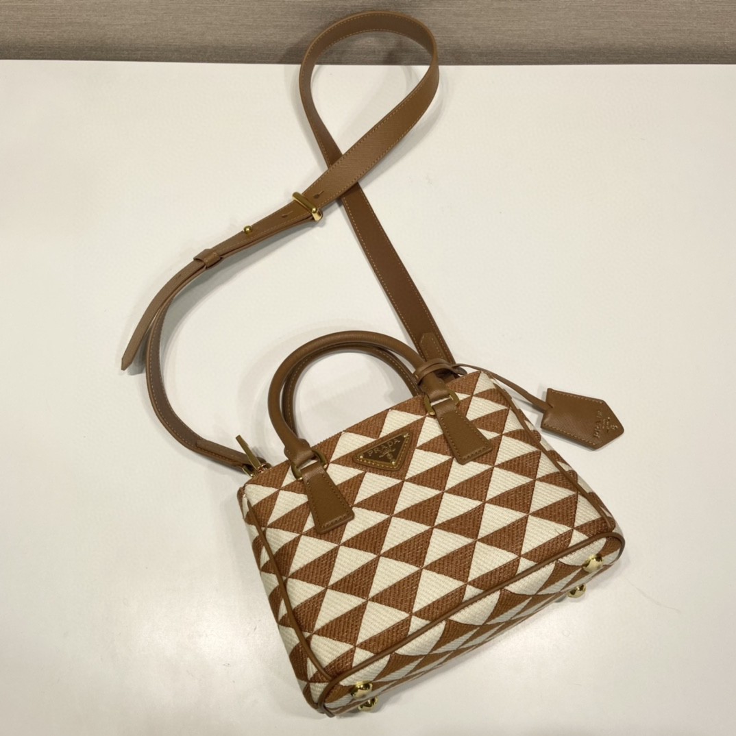 Prada Galleria Embroidered Jacquard Fabric Micro-Bag Brown/White For Women, Women’s Bags 7.9in/20cm 1BA906_2FKL_F0I0U_V_XOM