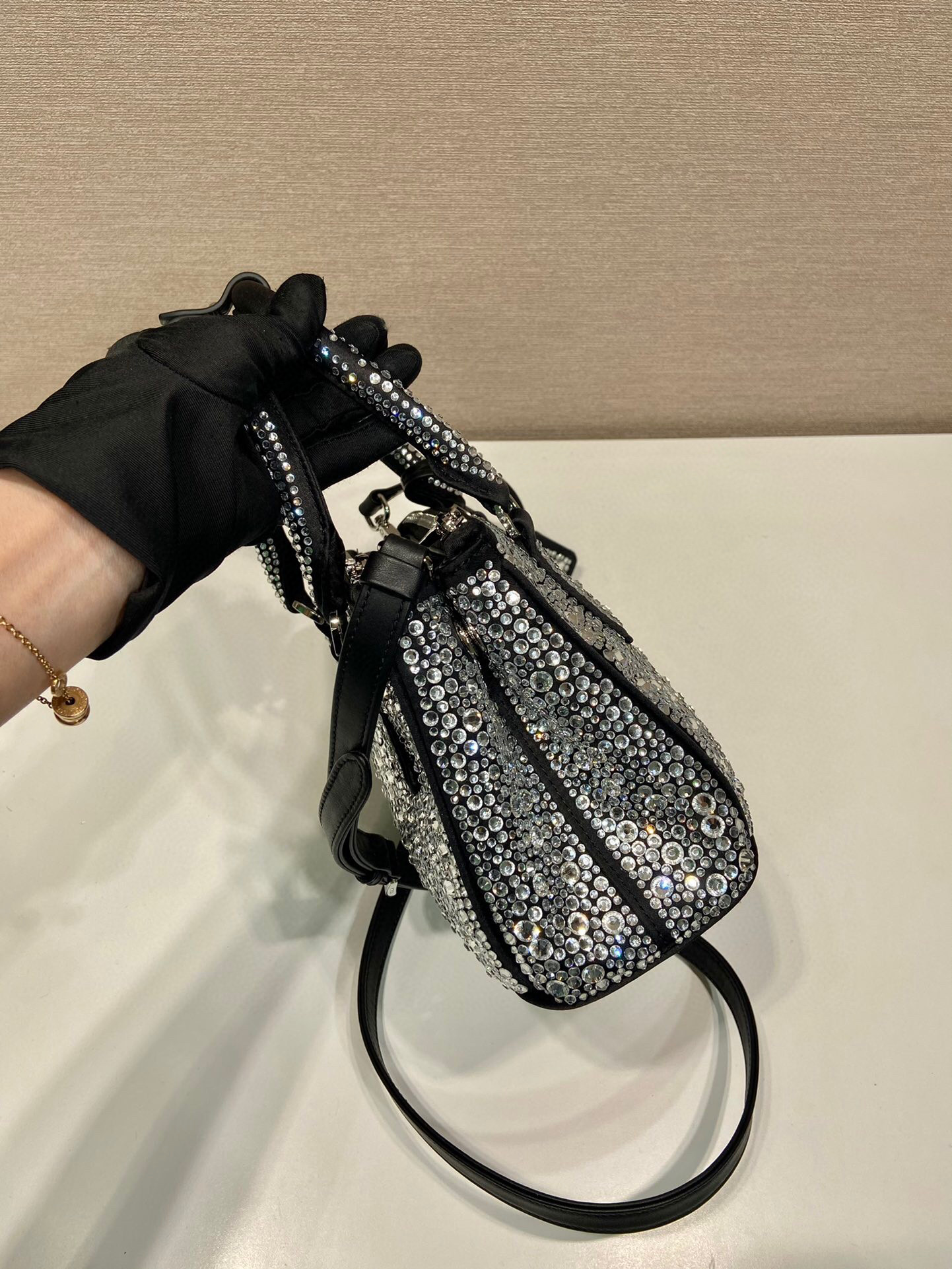 Prada Galleria Satin Mini-Bag With Crystals In Black For Women 7.8 in/ 20 cm 1BA906_2AWL_F063R_V_EOY