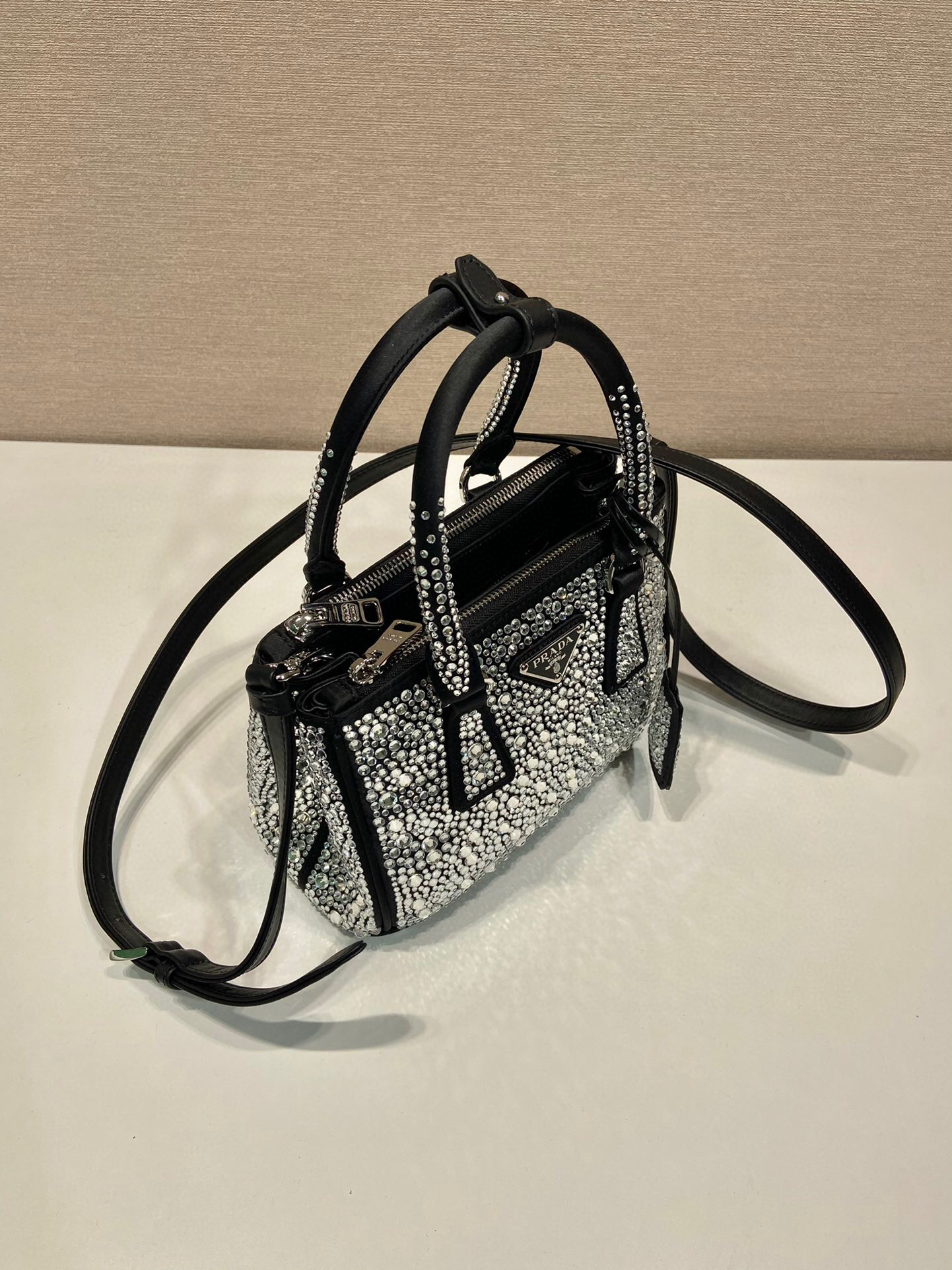 Prada Galleria Satin Mini-Bag With Crystals In Black For Women 7.8 in/ 20 cm 1BA906_2AWL_F063R_V_EOY