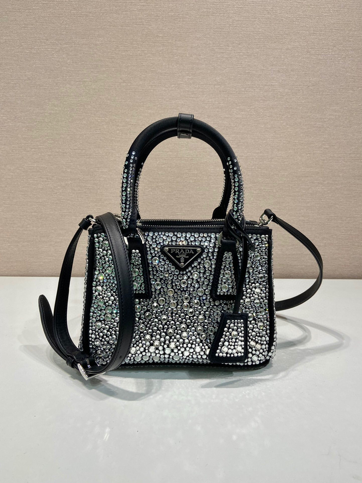 Prada Galleria Satin Mini-Bag With Crystals In Black For Women 7.8 in/ 20 cm 1BA906_2AWL_F063R_V_EOY
