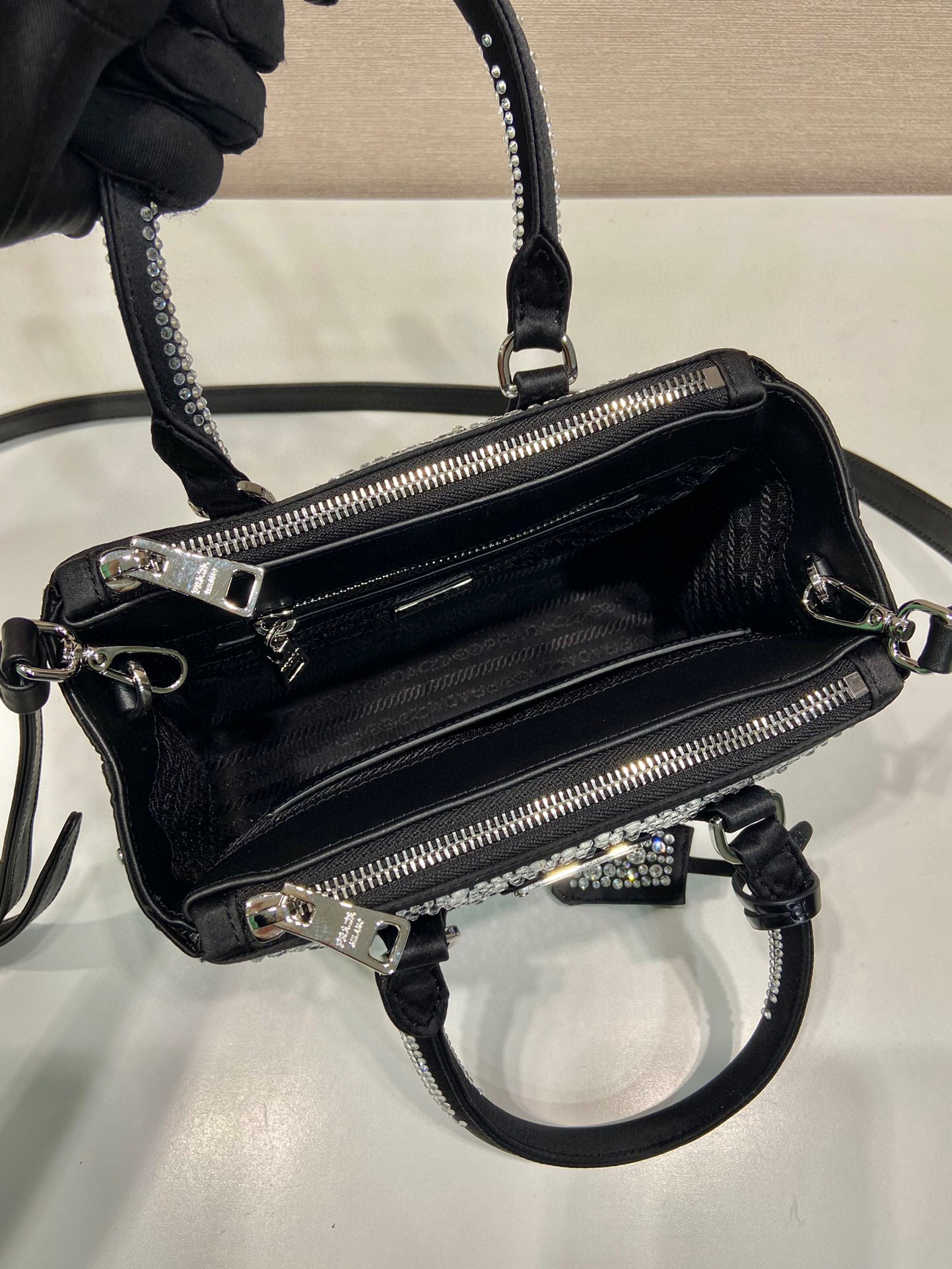 Prada Galleria Satin Mini-Bag With Crystals In Black For Women 7.8 in/ 20 cm 1BA906_2AWL_F063R_V_EOY