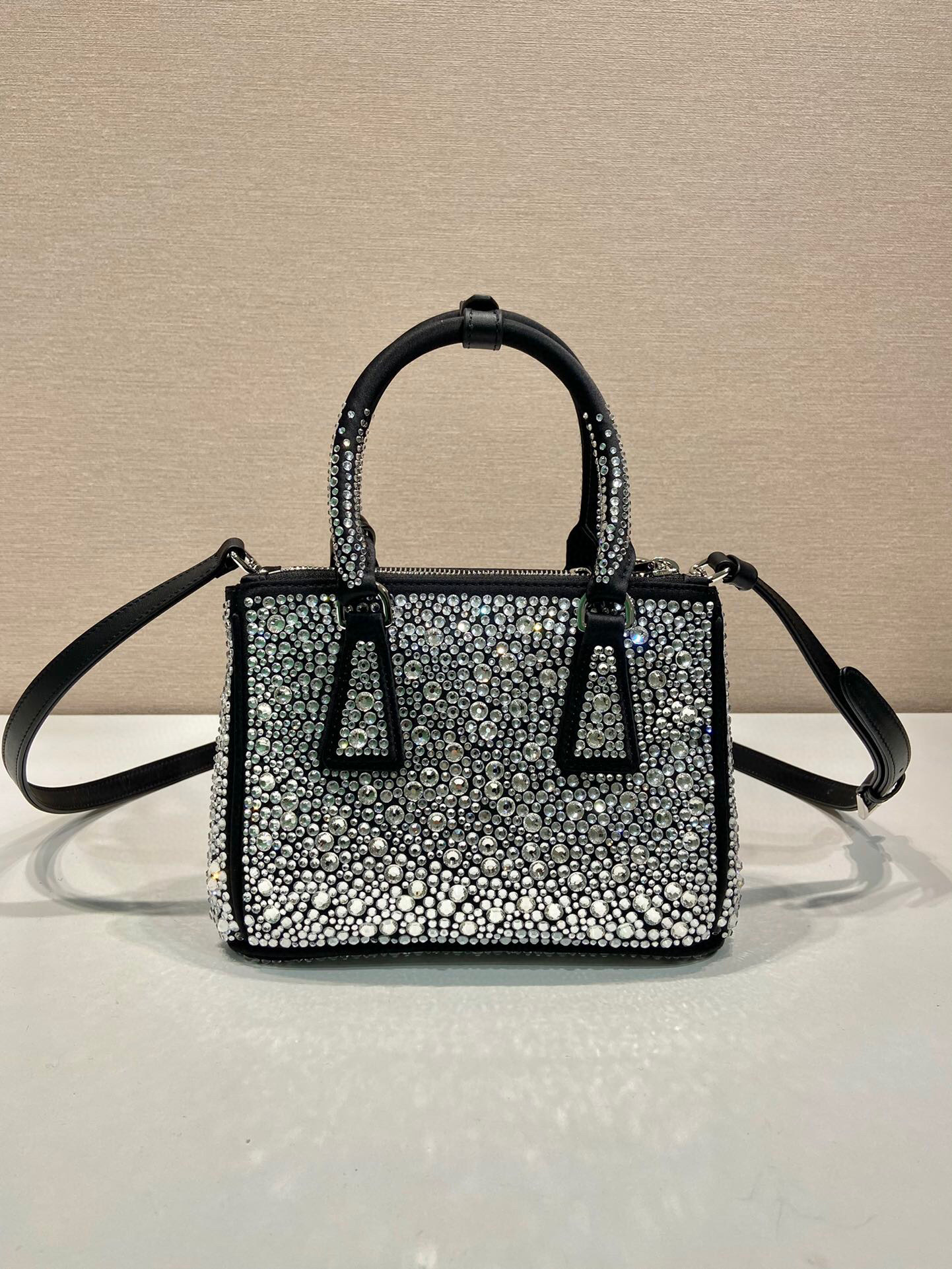 Prada Galleria Satin Mini-Bag With Crystals In Black For Women 7.8 in/ 20 cm 1BA906_2AWL_F063R_V_EOY