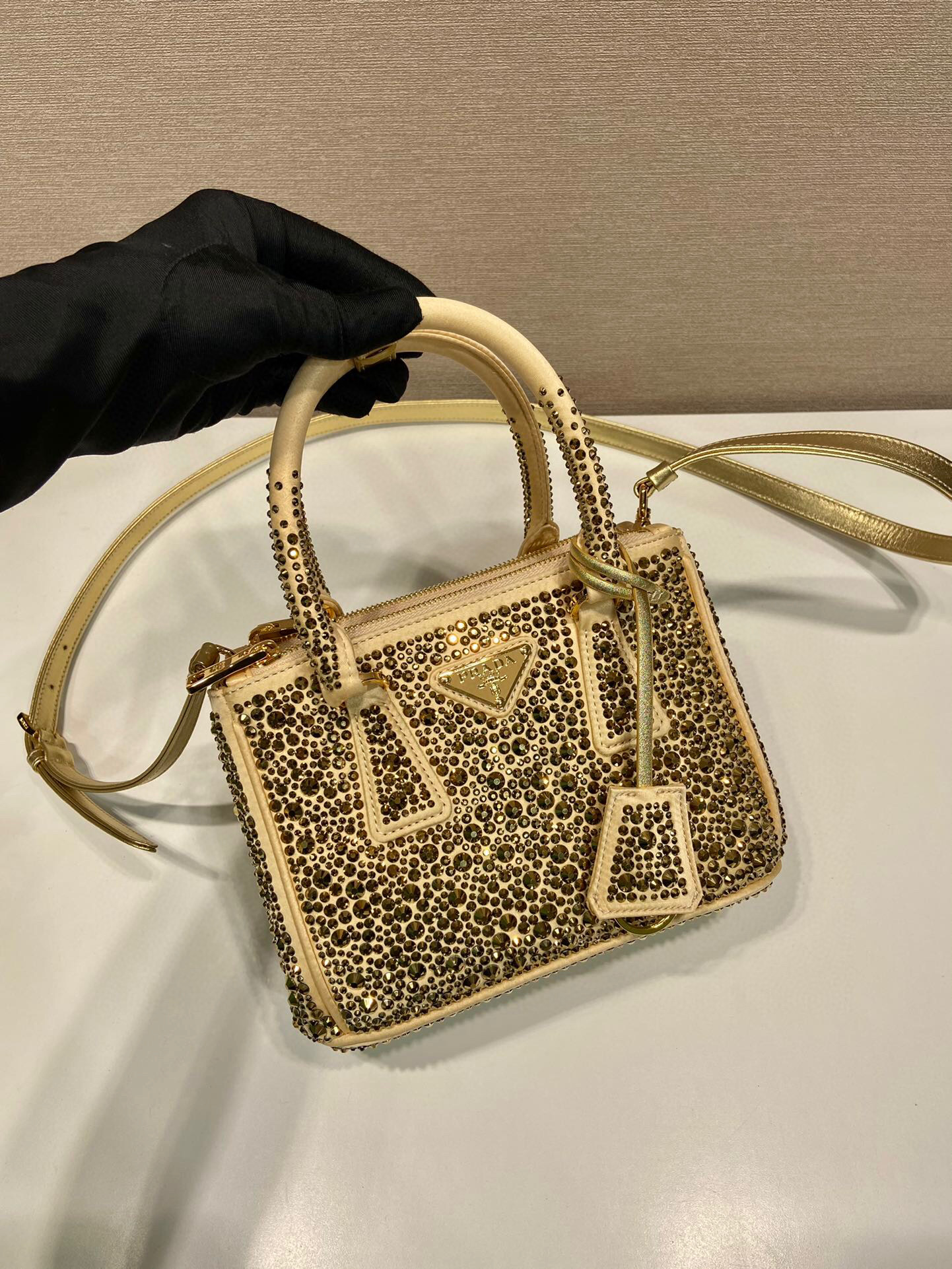 Prada Galleria Satin Mini-Bag With Crystals In Black For Women 7.8 in/ 20 cm 1BA906_2AWL_F063R_V_EOY
