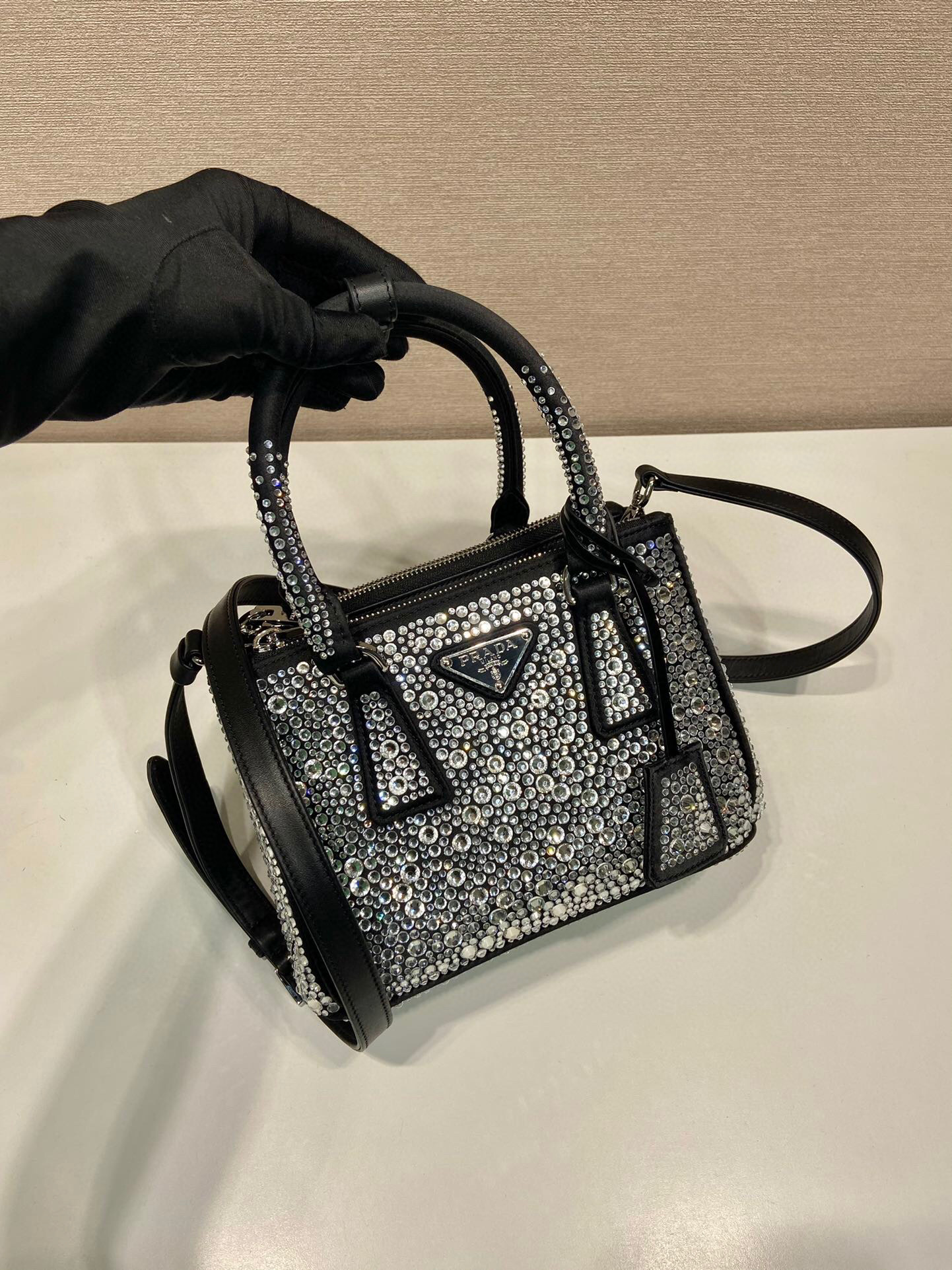 Prada Galleria Satin Mini-Bag With Crystals In Black For Women 7.8 in/ 20 cm 1BA906_2AWL_F063R_V_EOY