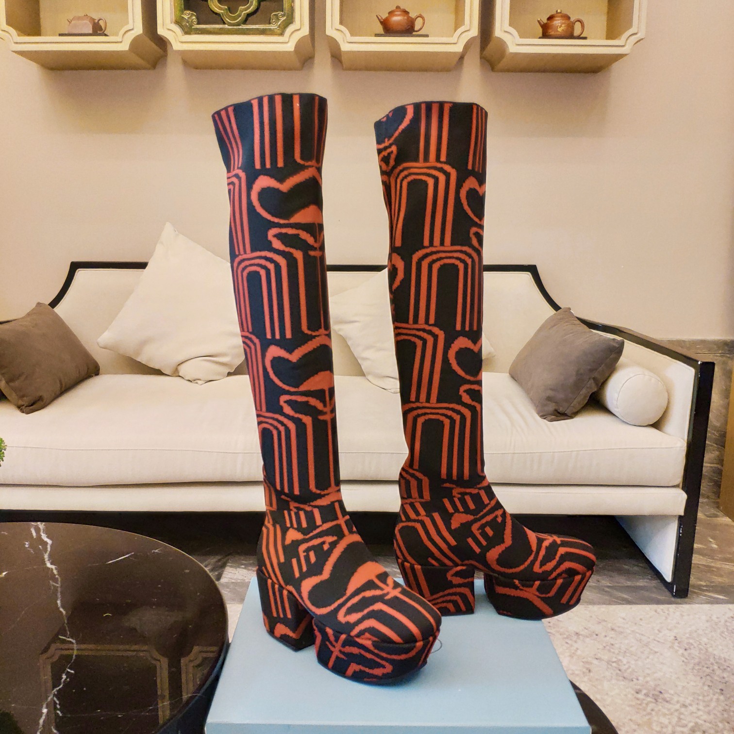 Prada High Boots With Jacquard Embroidery Navy/Orange For Women PRD