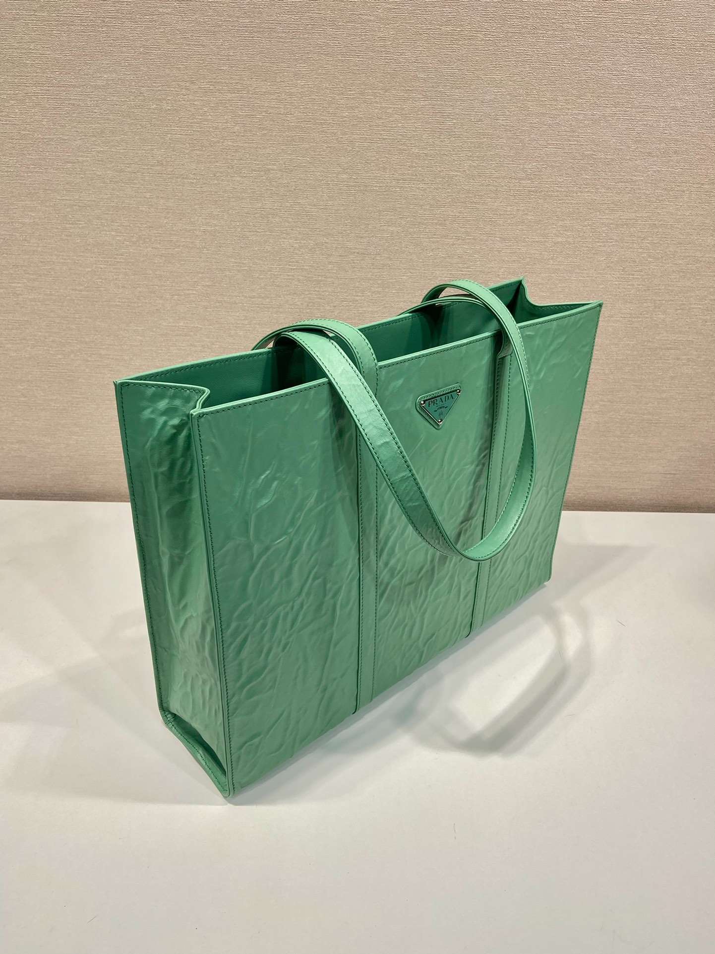 Prada Large Antique Nappa Tote Grey/Green For Women 15.3in/39cm 1BG460_UVL_F0480_V_OOO